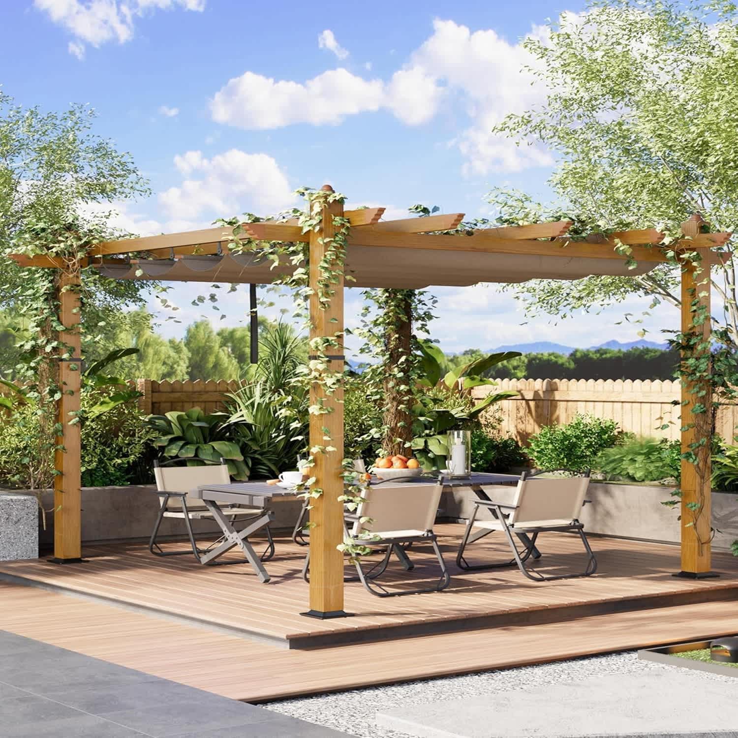 Qeetex LSHQQPHO-335EVYO3 10x10 Ft Outdoor Pergola with Retractable CanopyKhaki
