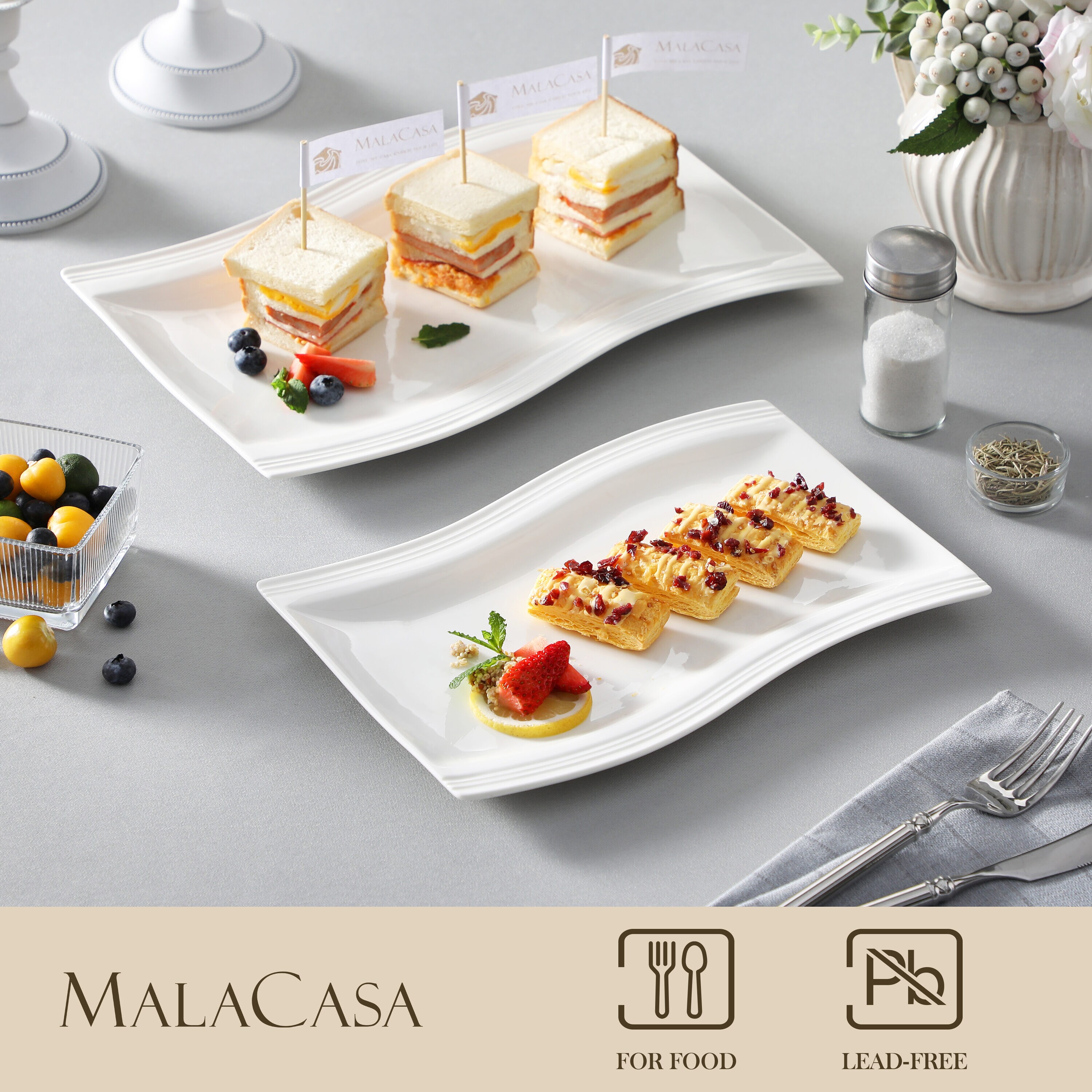 MALACASA Blance 2-Piece Ivory White Porcelain Serving Tray of 10