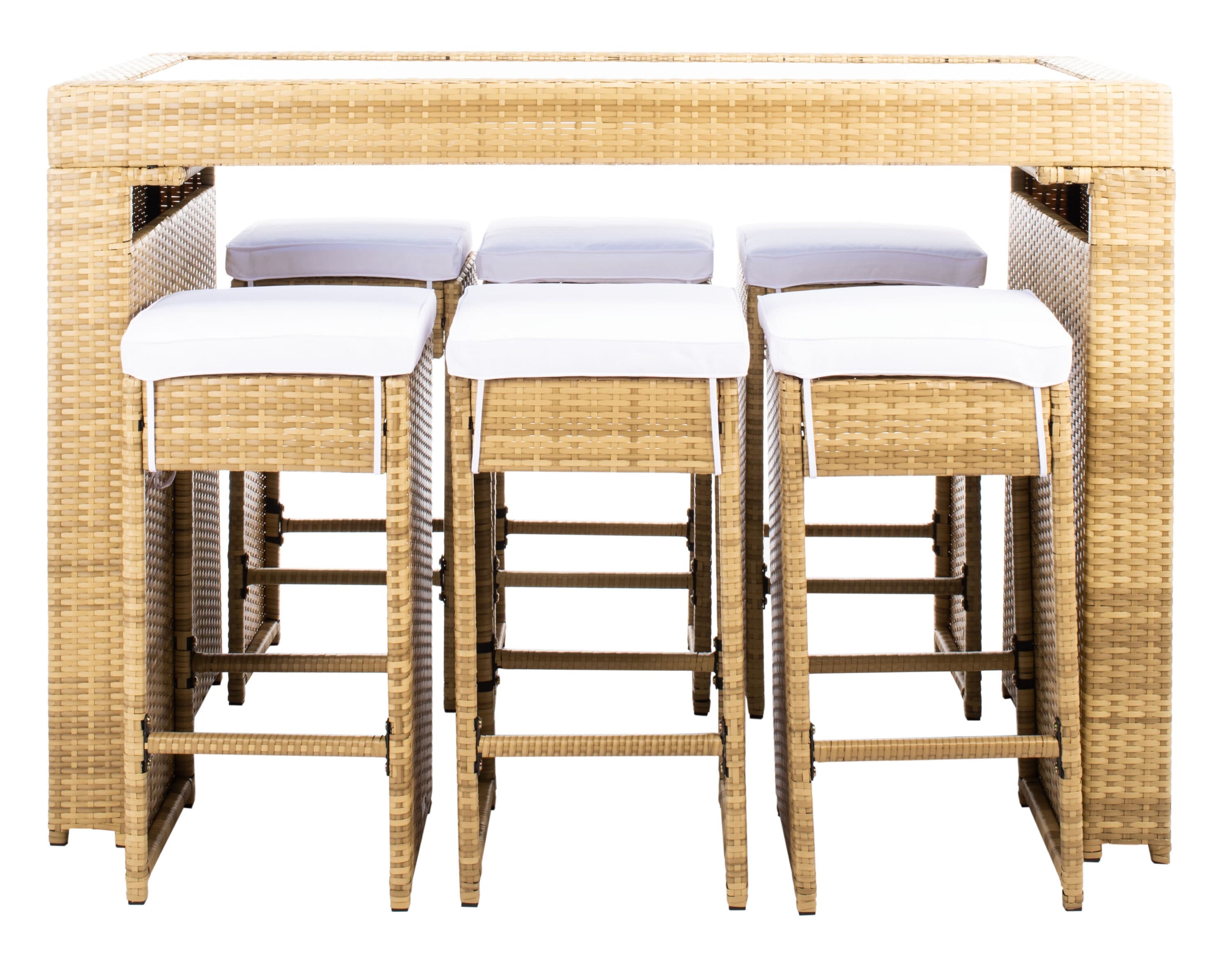 Natural Wicker 7-Piece Outdoor Dining Set with White Cushions