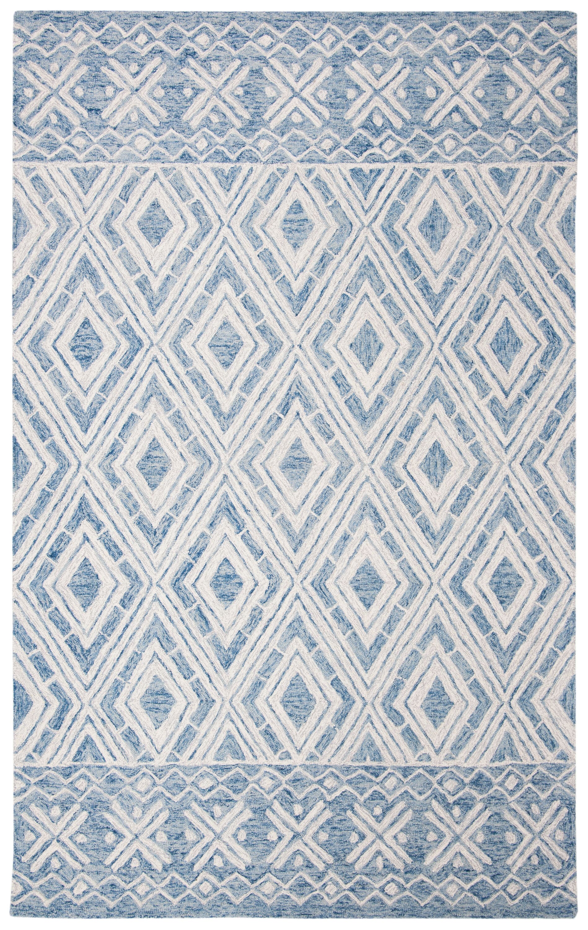 Blue and Ivory Handmade Wool Tufted Area Rug, 5' x 8'