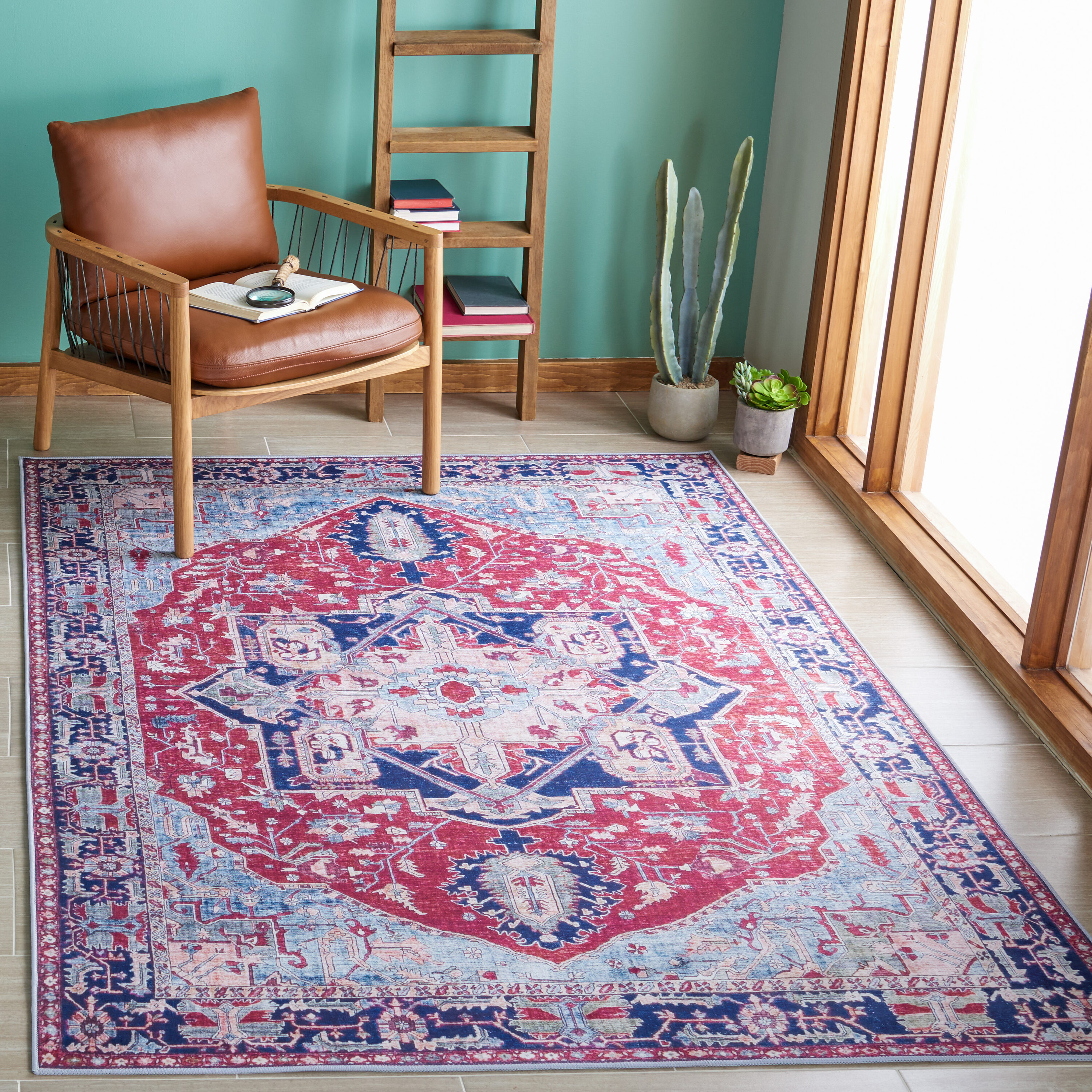 Safavieh TSN108Q-4SQ Tucson 4 x 4 (ft) Loomed Polyester Red/Navy Square Indoor Border Machine washable Area rug