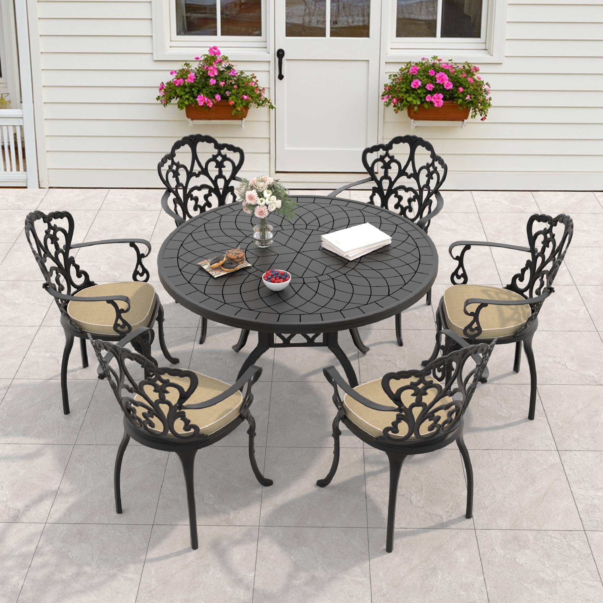 nicesure SLBK6047CZ6A1164RC 7 -Piece Black Patio Dining Set Aluminum Round Table with 6 Cushions Stationary Chairs