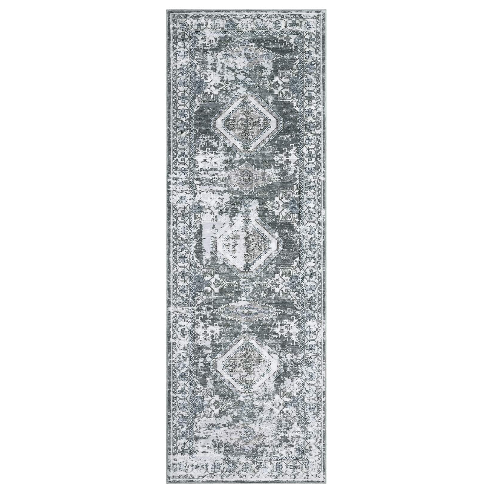 Qeetex LSN-PHO-15YLLZHG 2 x 6 ft Polyester Cashmere Gray Rectangular Hallway Bathroom Entryway Kitchen Office Foldable Flower Printed Modern Washable Area Rug