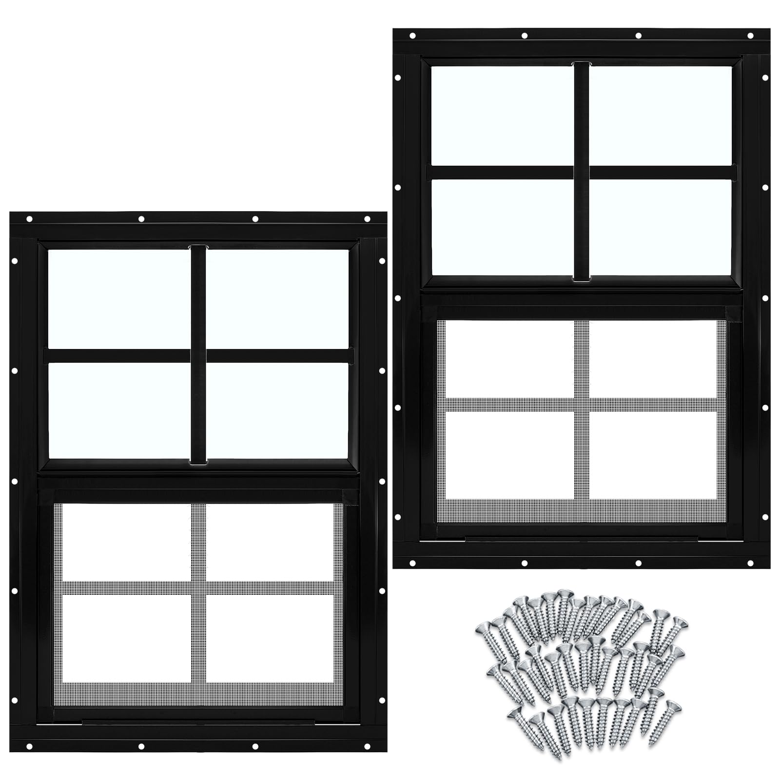 LAIFUCAM  Shed Windows 2 Pack 12 W by 18 H Black Flush Mount with Tempered Glass and Screen Sliding Vertical Slider with Screws for Chicken Coop