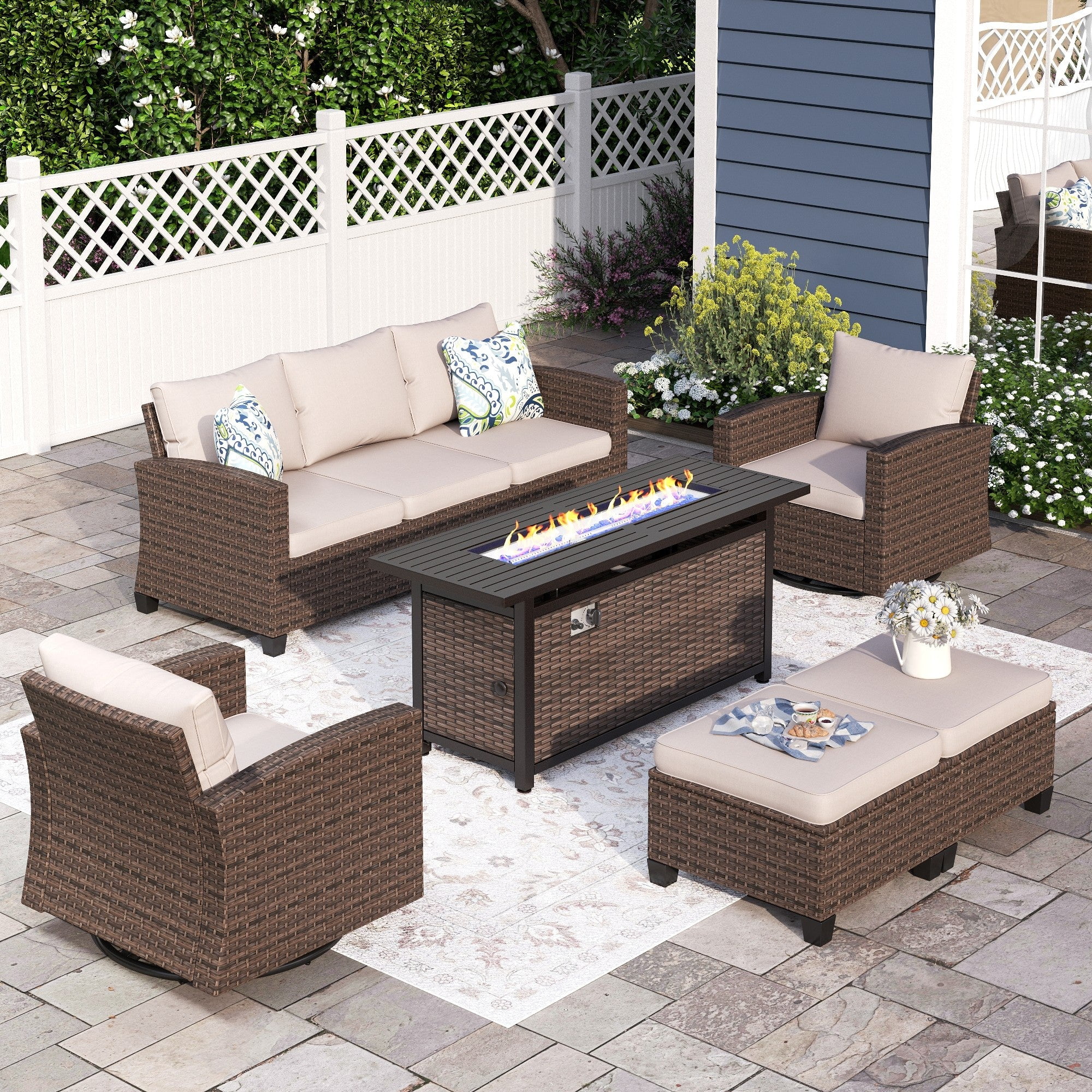 Sunshine Valley CR007-16-7-BE-GS103 Patio Furniture Set with Fire Pit 6 -Piece Wicker Patio Sofa Conversation Set with Tan CUSHION PRO Cushions