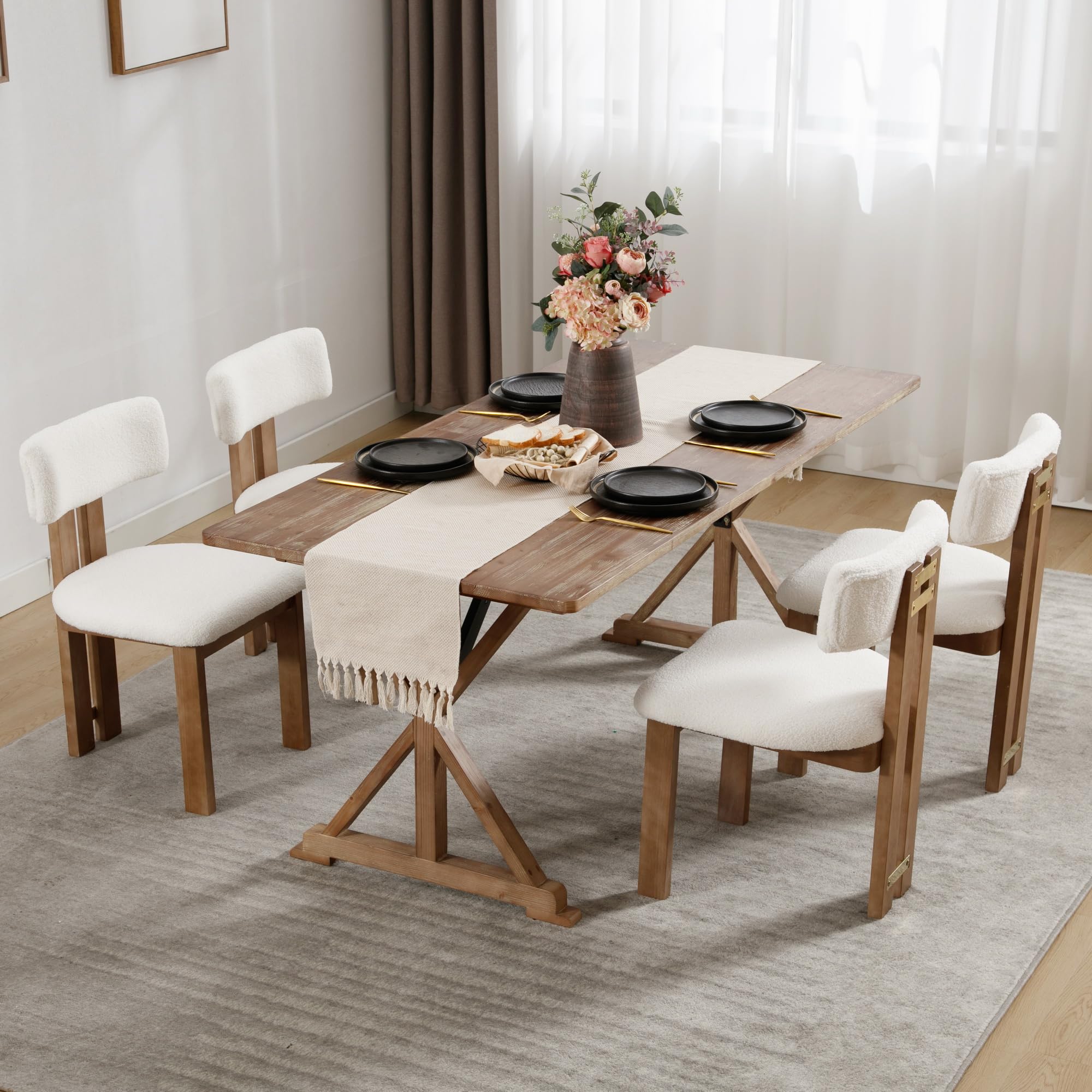 Fanbulous Sherpa Boucle Wooden Dining Chairs Set Of 2 Modern Farmhouse ...