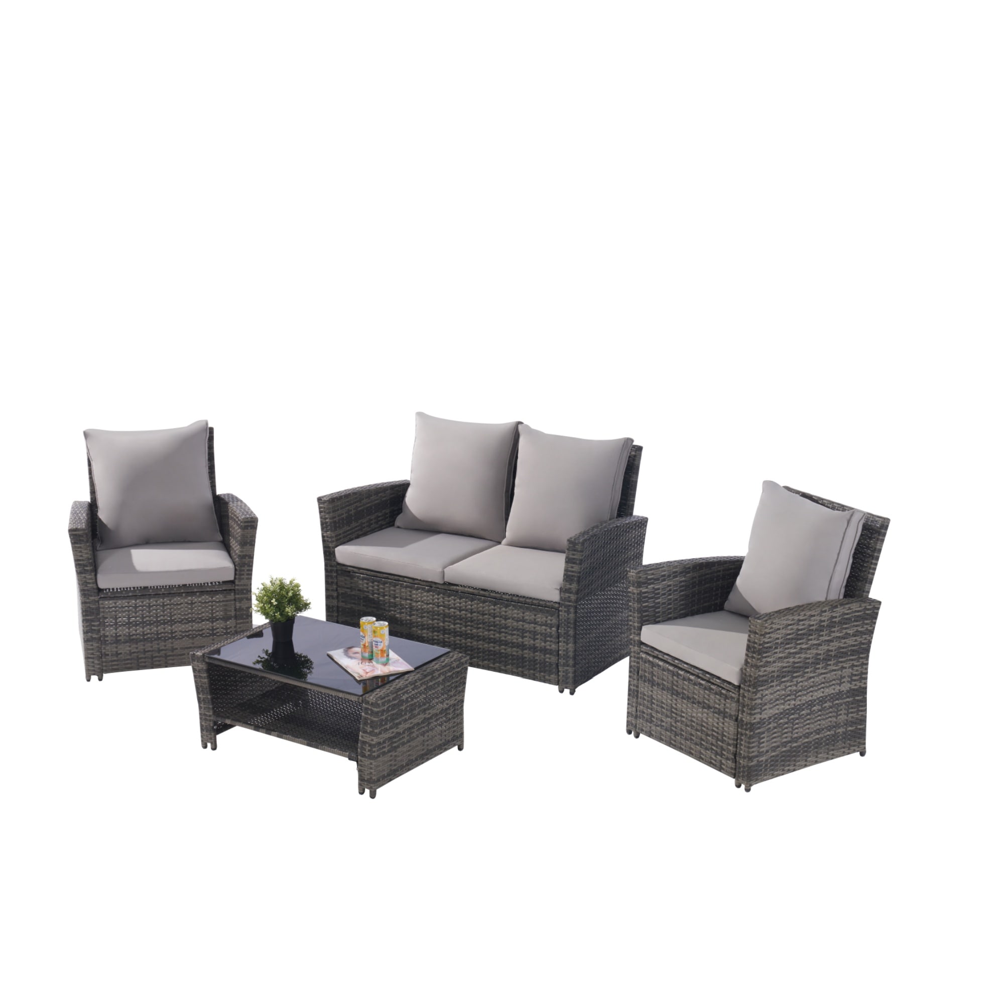 Damerin PCB06N737 Patio Furniture Sets Set of 2 Wicker Dark Gray Rattan Frame Stationary Conversation Chair with Gray Cushioned Seat