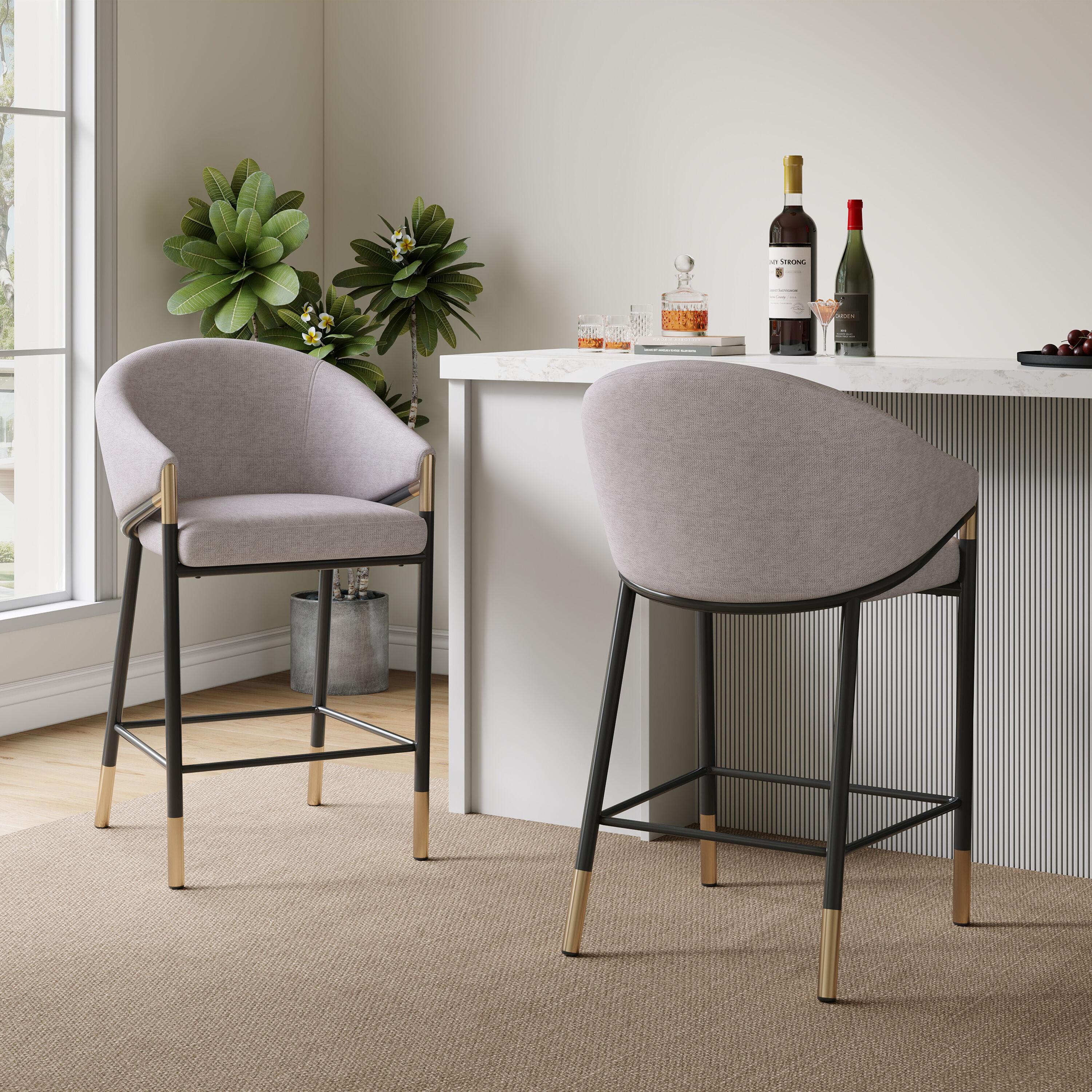 Christopher Knight Home 331427 26 Inches Counter Stool with Armrests and Gold Accents Gray Fabric (Set of 2)