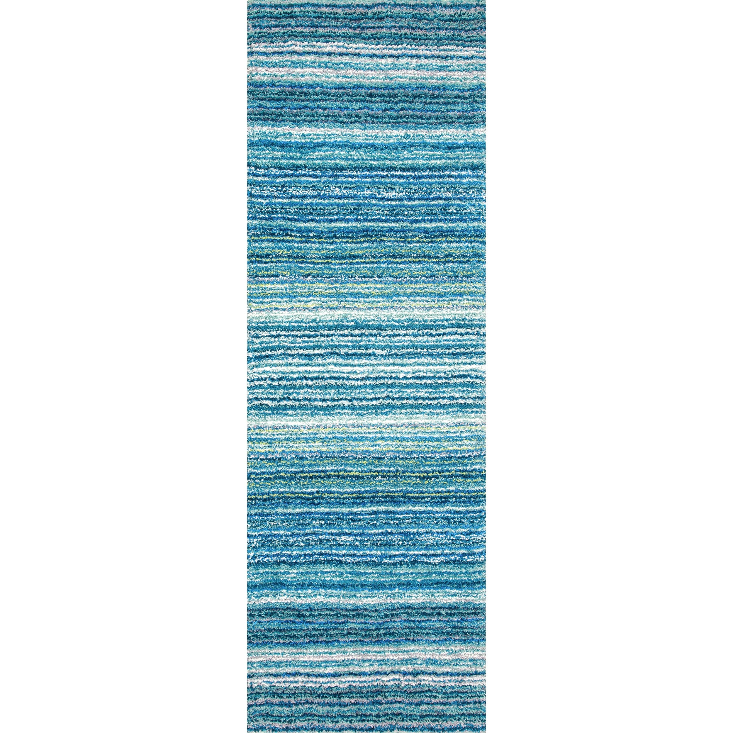 Sky Blue Striped Synthetic Tufted Shag Runner Rug