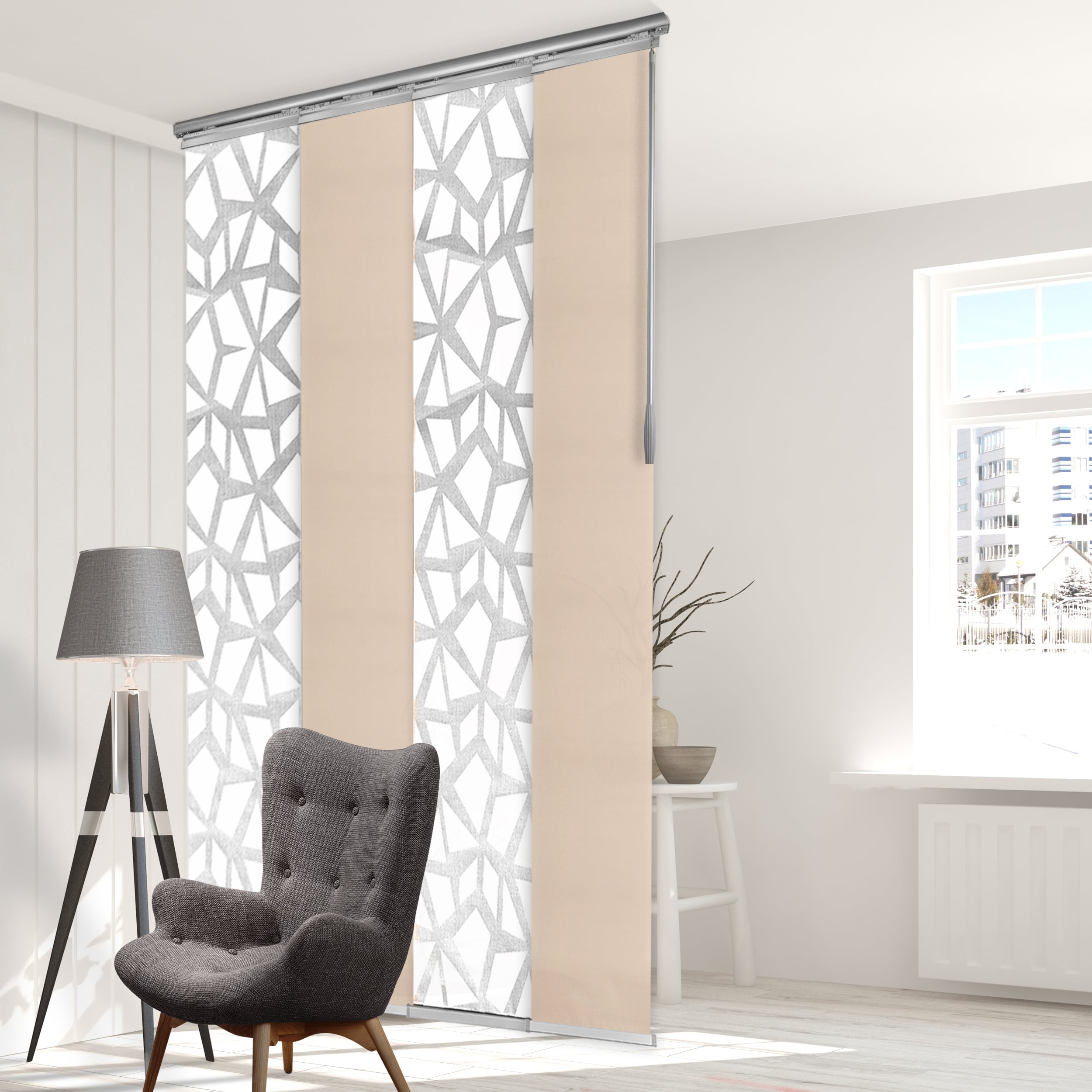 Hart & Harlow L-T16-4-2P10D2P24D 4-Panel Single Rail 15.75-in Slat Width 57-in x 91.4-in Cordless Lattice, Cream Fabric Light filtering Panel track blinds