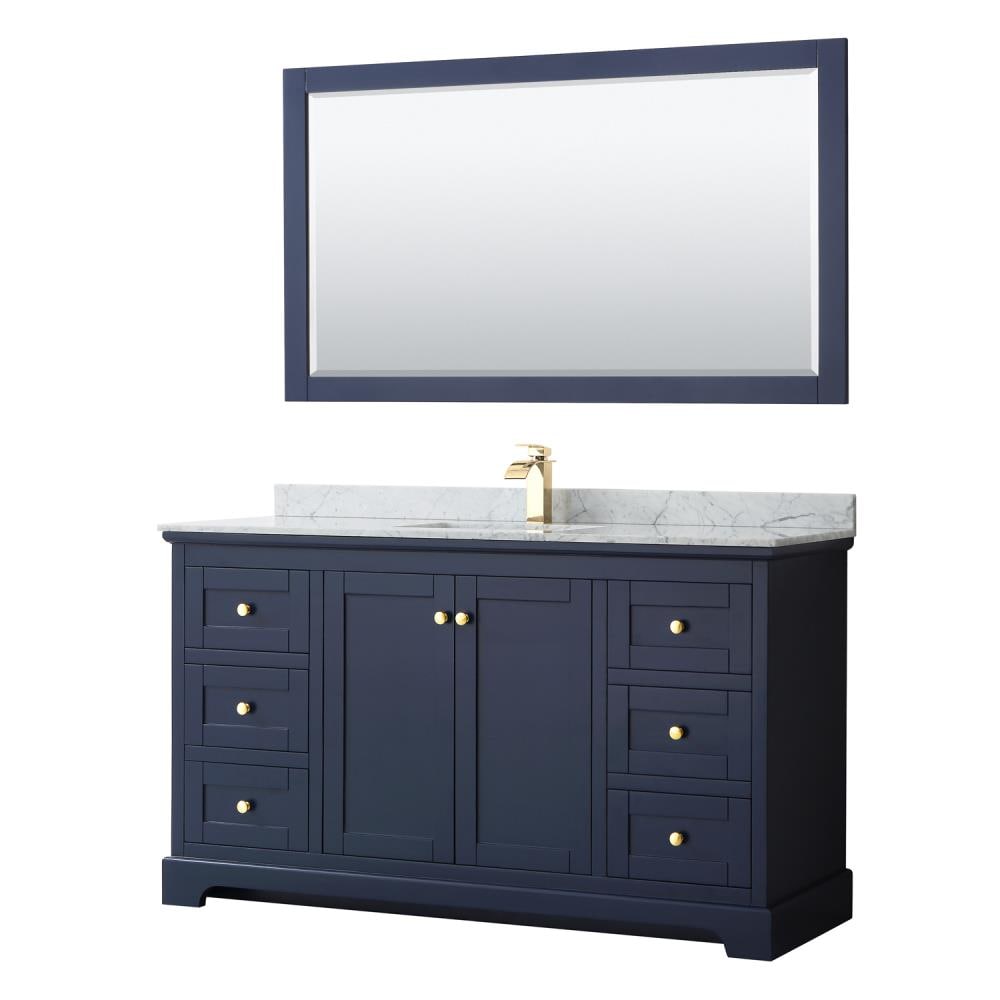 Wyndham Collection WCV232360SBLCMUNSM58 Avery 60-in Dark Blue with Brushed Gold Trim Undermount Single sink Bathroom Vanity with White Carrara Marble Natural marble Top (Mirror Included)