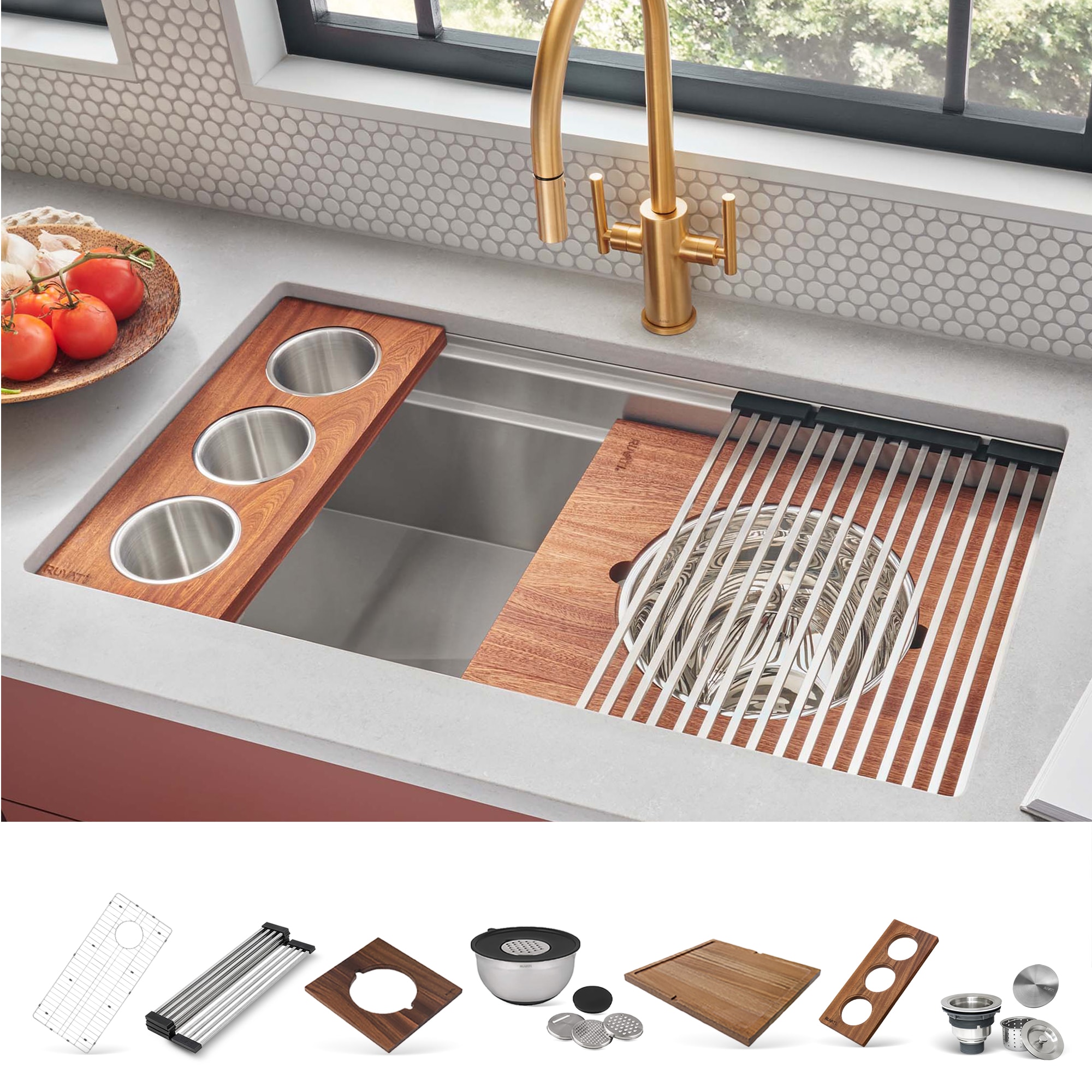Ruvati RVH8222 Dual-Tier Undermount 33.5-in x 19-in Stainless steel Single bowl 16 -Gauge Workstation Kitchen Sink