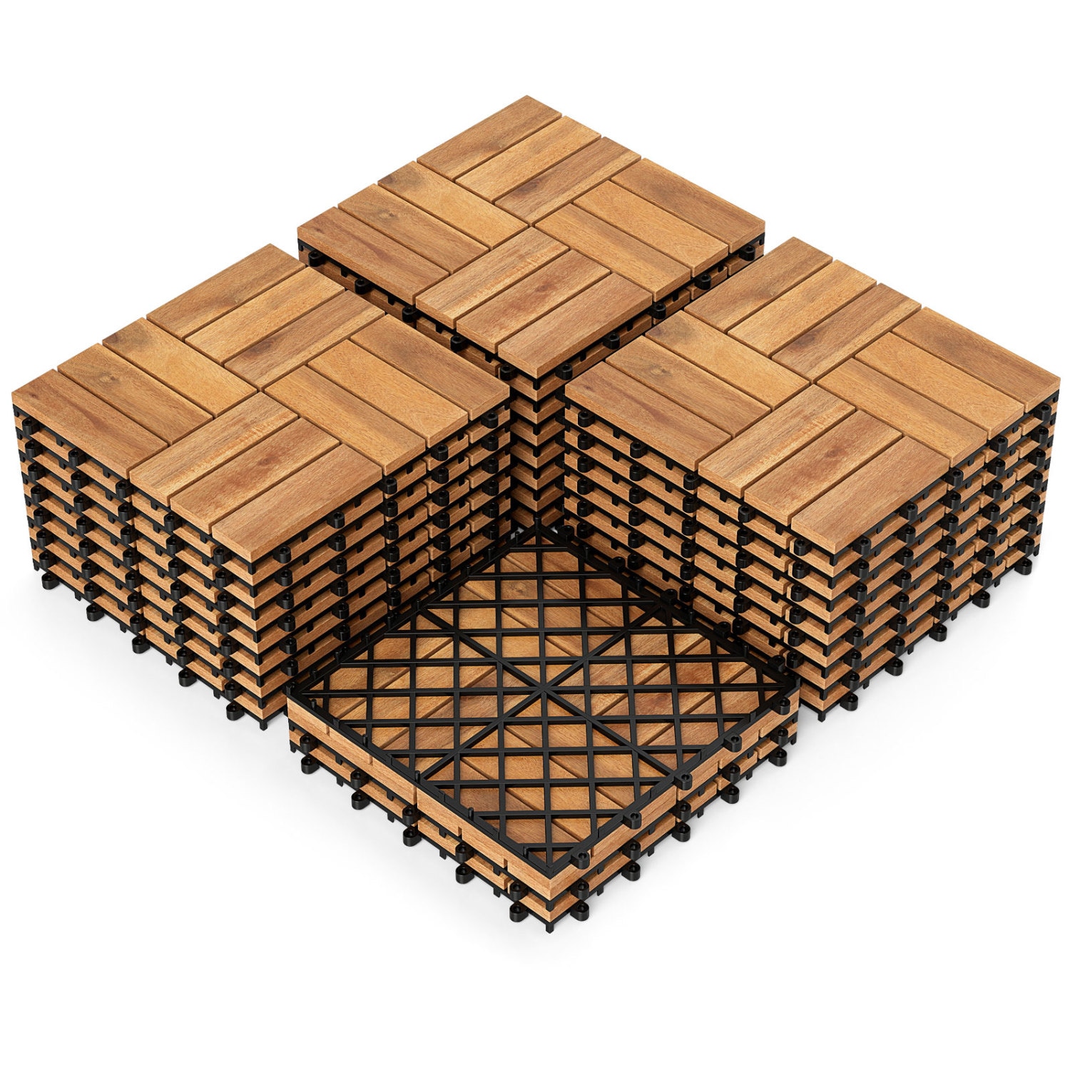 Slickblue 12 Inch By 12 Inch 54 Pack Acacia Wood PP Interlocking Deck Tiles Snap Together Modular Flooring Wood Grain Balcony Patio Deck Poolside Floor Cover Natural