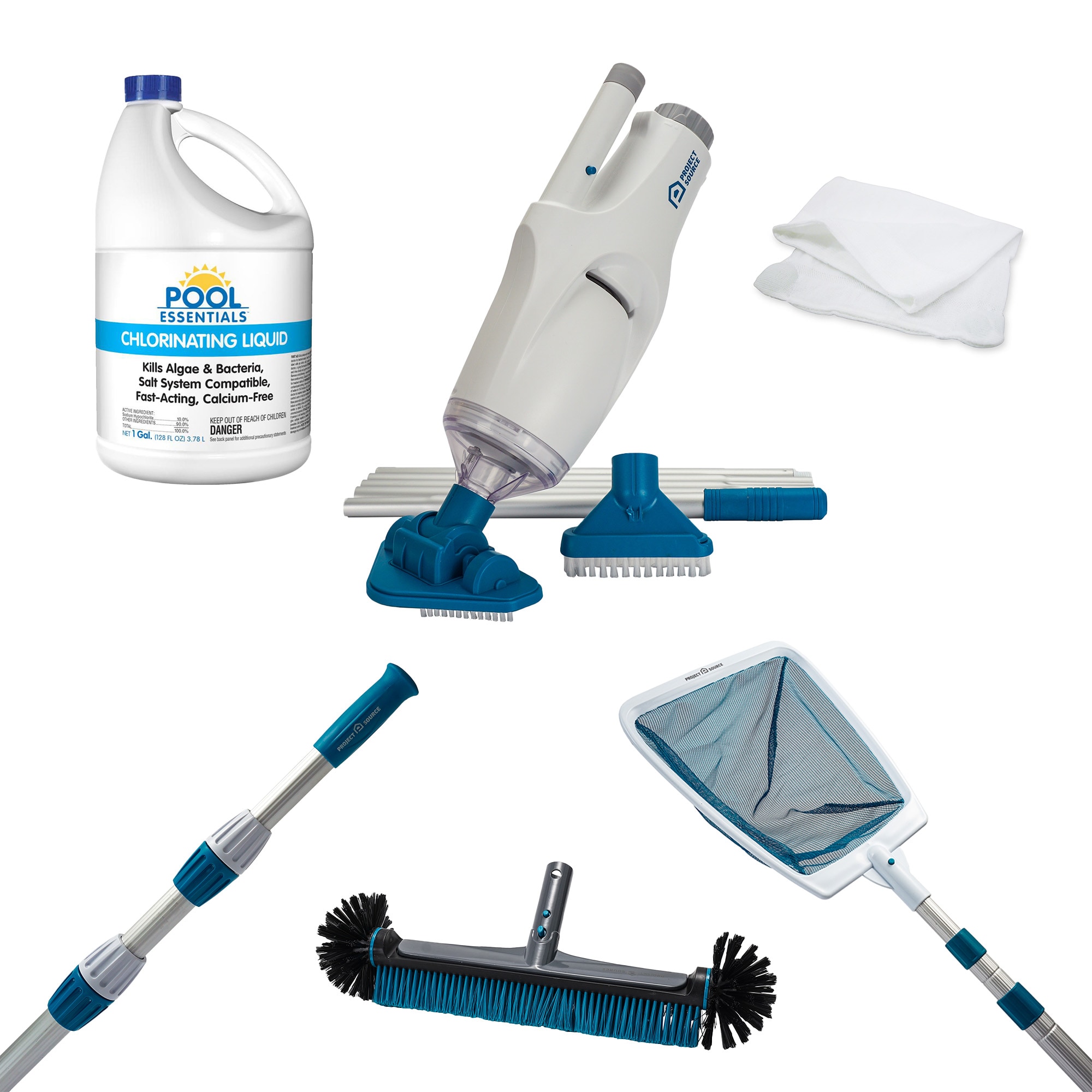 Project Source  6.5-in Handheld Pool Vacuum with Skimmer, Pool Pole, Deep Net & Liquid Chlorine with Pool Wall Brush