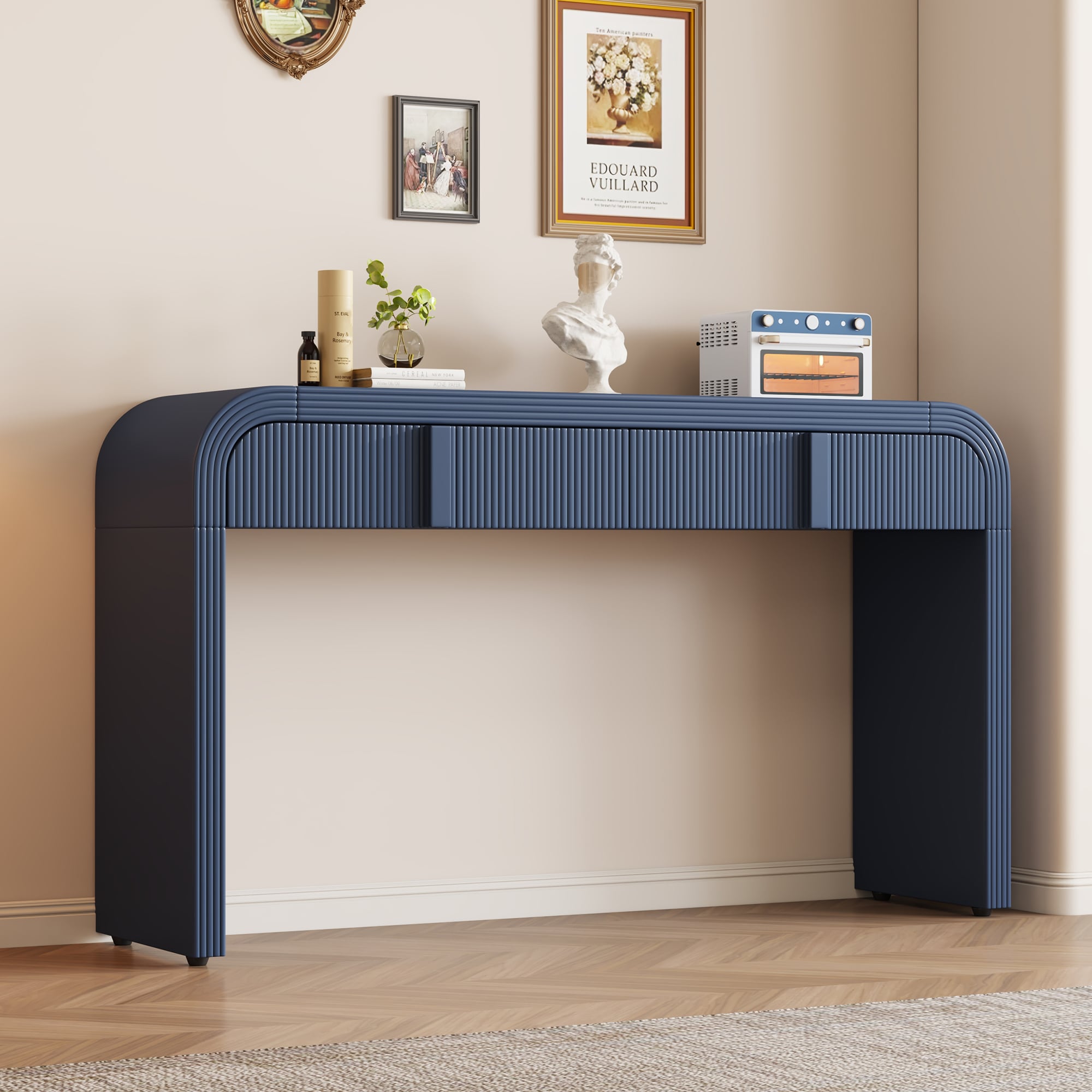 ModernLuxe N715P196580M Modern Console Table with 2 Storage Drawers Fluted Entryway Table with Rounded Silhouette for Hallway Living Room and Entryway Navy Blue