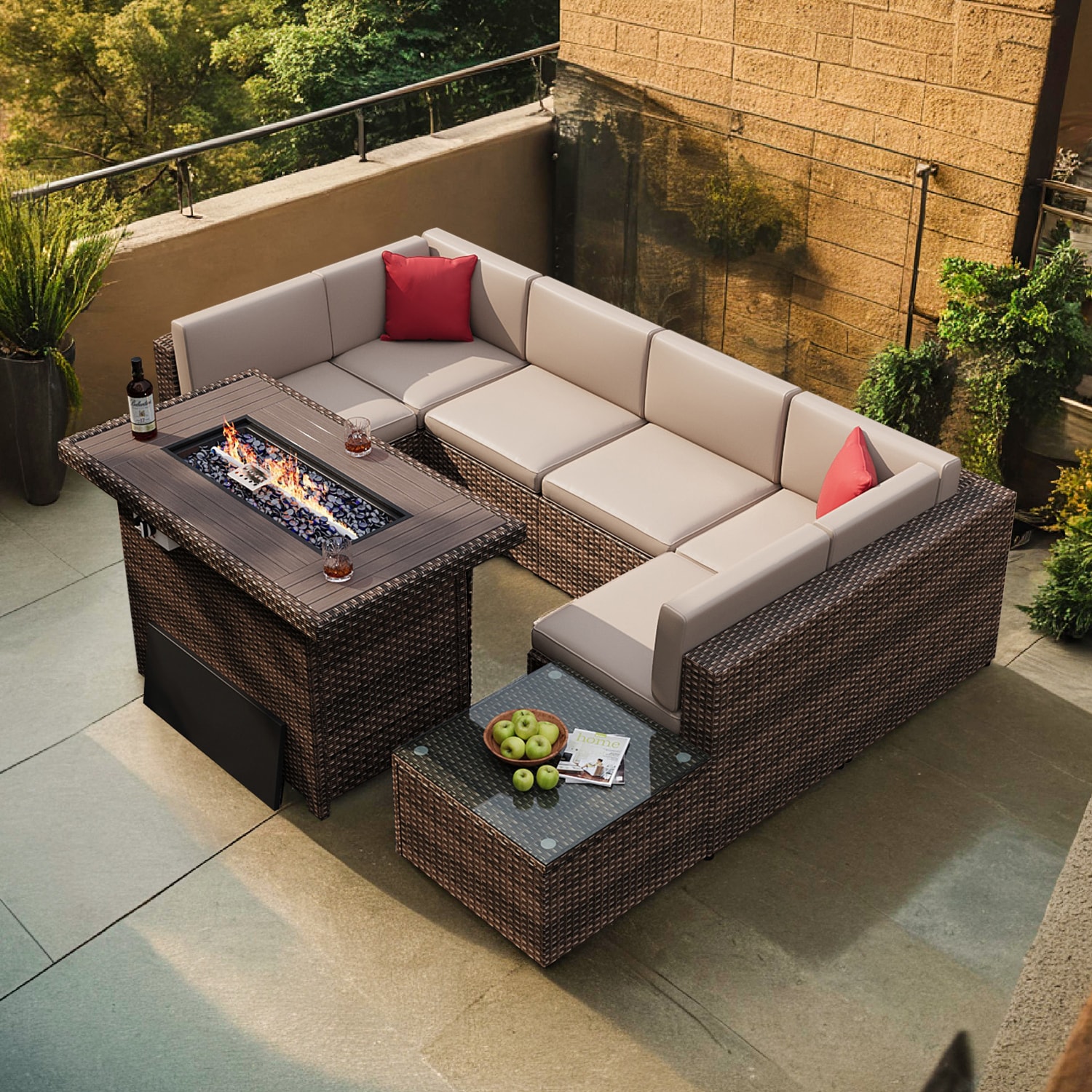 Bapipro BP3508R16 8 -Piece Rattan Patio Sofa Conversation Set with Red Cushions
