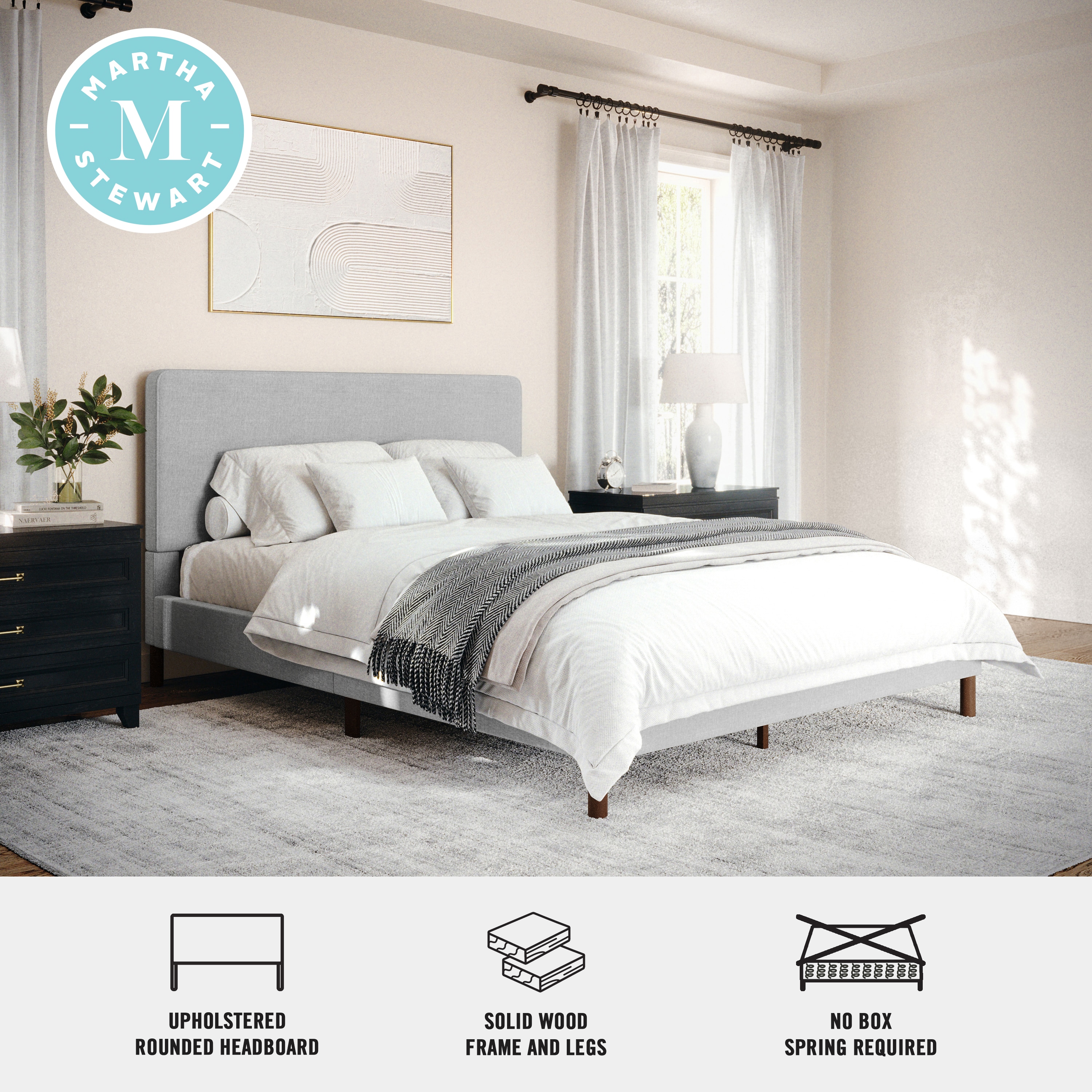 Gray Queen Upholstered Platform Bed with Linen Headboard