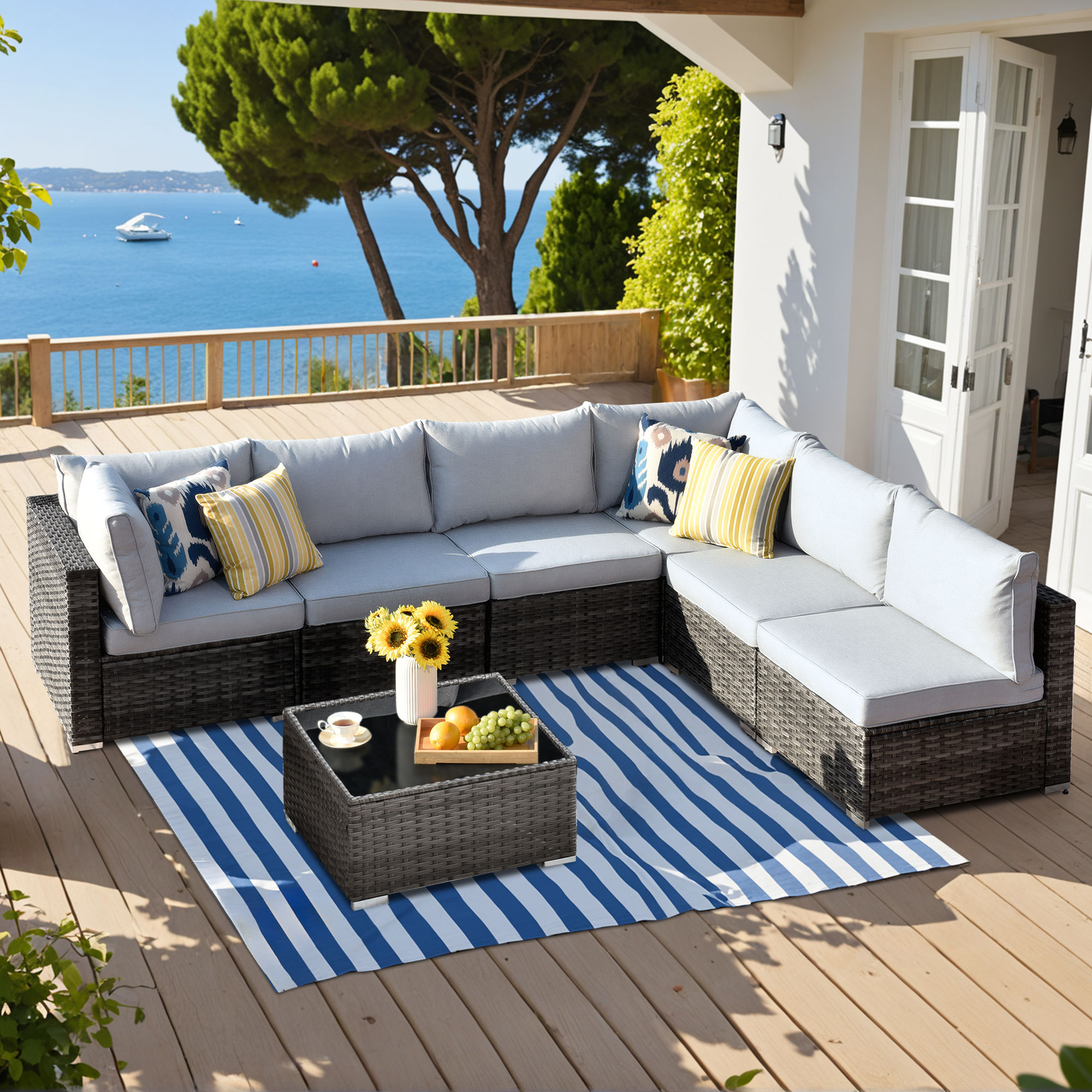 Ovios HP407 Wicker Outdoor Sectional with Light gray Cushions and Iron Frame