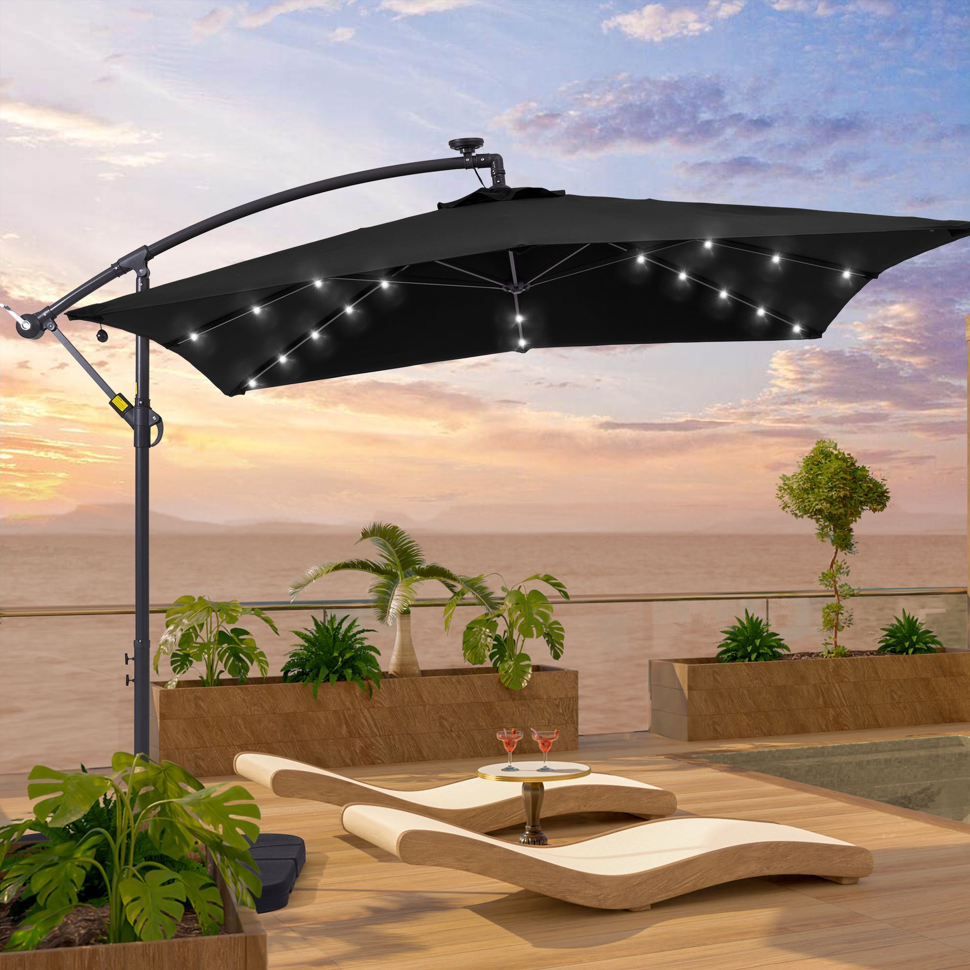 Sonkuki SD-S193BK 8.2-ft Steel Black No-tilt Cantilever Patio Umbrella with Lights