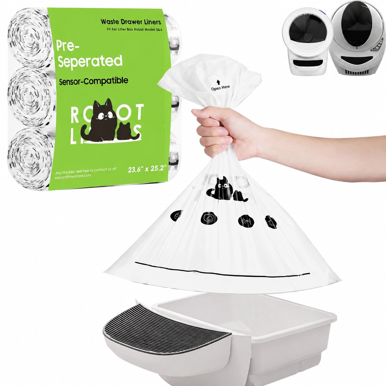Lukvuzo - 90 pack Cat Litter Box Robot 4 and 3 Waste Bags Tear Free Automatic Litter Box Liners ...
