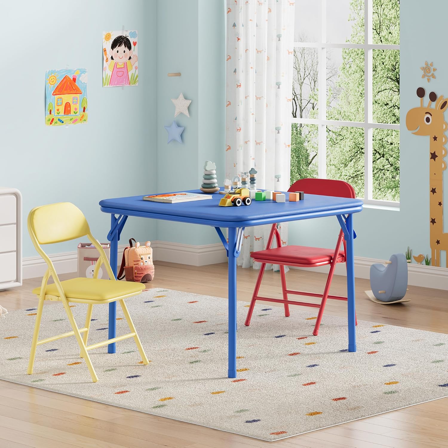 Garvee 3 Piece Folding Kids Toddlers Childrens Activity Table and Chairs Set for Dining Room Daycare and Classrooms