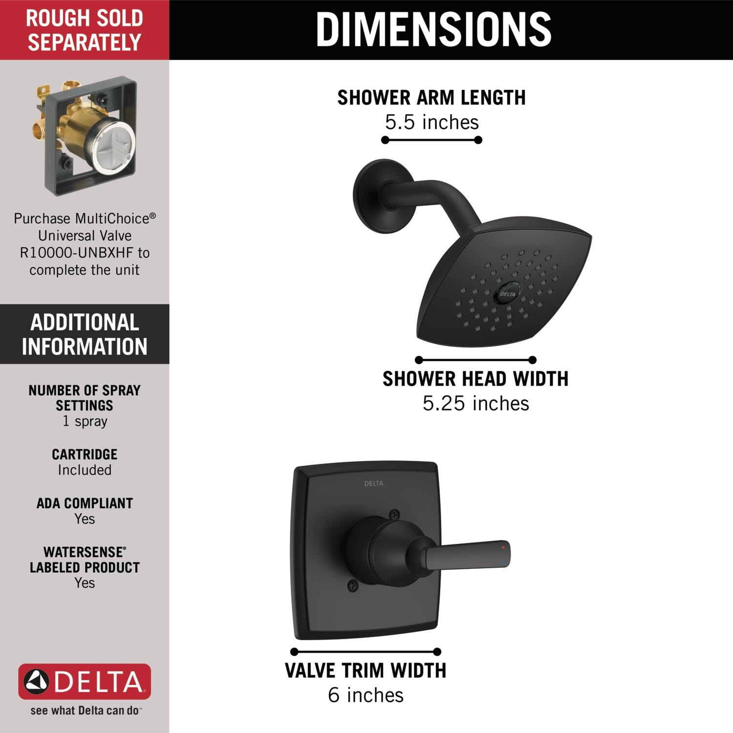 Delta Ashlyn Matte Black 1-handle Single Function Square Shower Faucet  Valve Included in the Shower Faucets department at