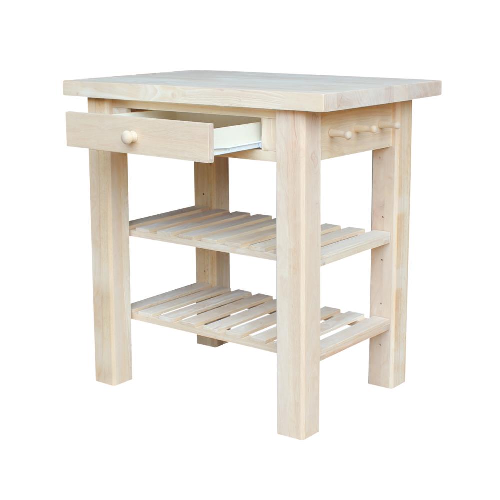 Natural Unfinished Parawood Kitchen Island with Drawer and Shelves