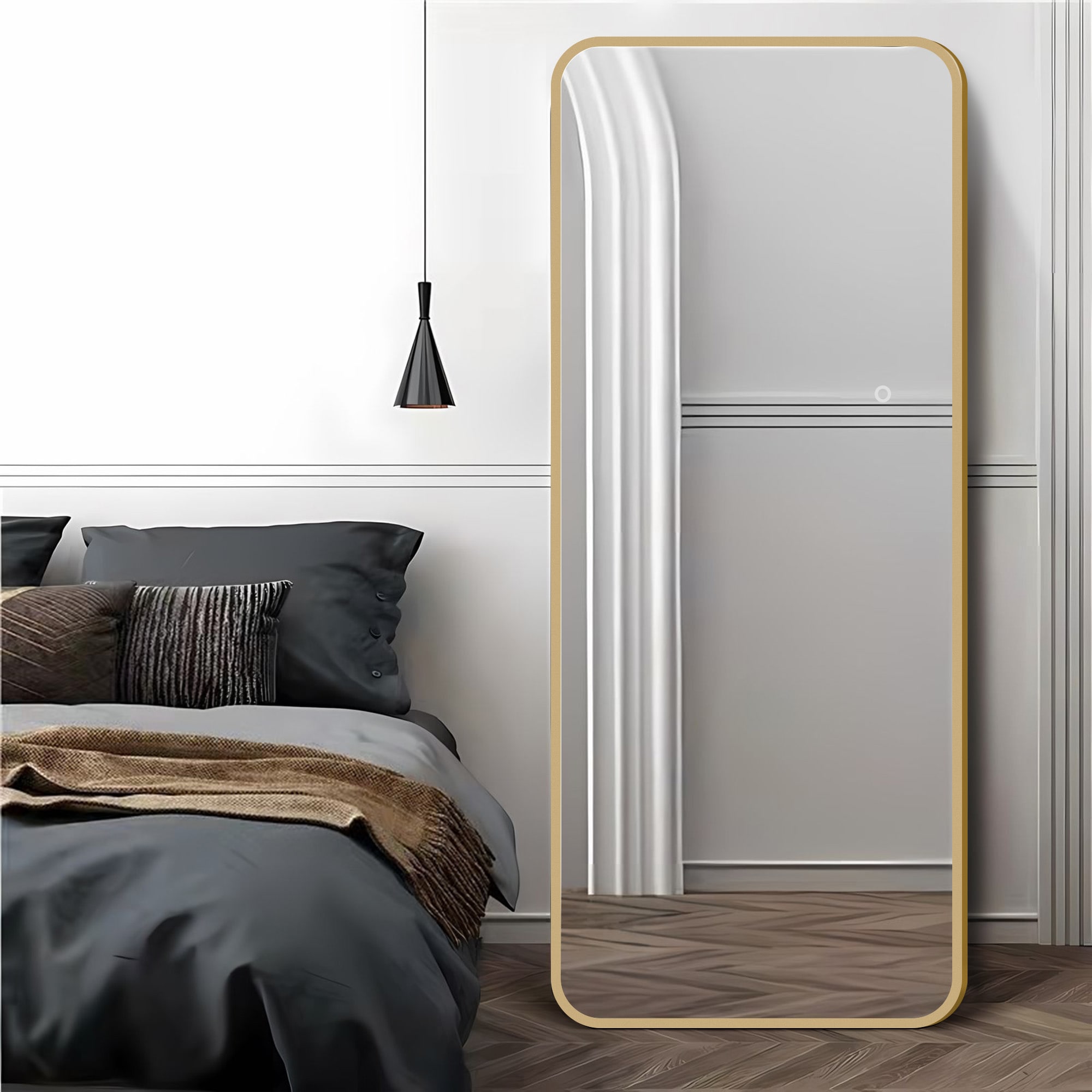 64IN Gold Frame LED Full Length Mirror 3 Color Dimmable Standing Hanging Bedroom