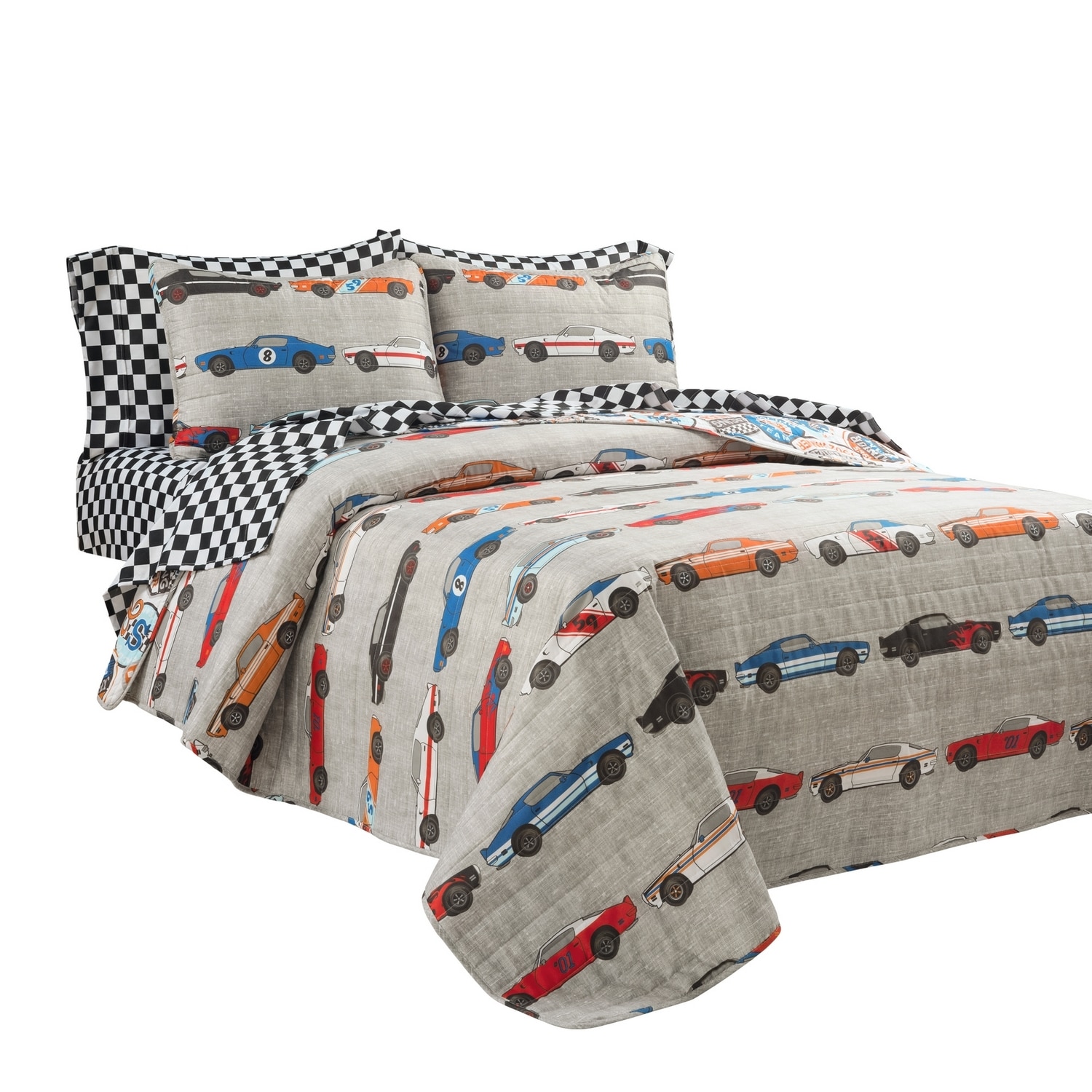 Blue and Orange Reversible Race Car Twin Quilt Set