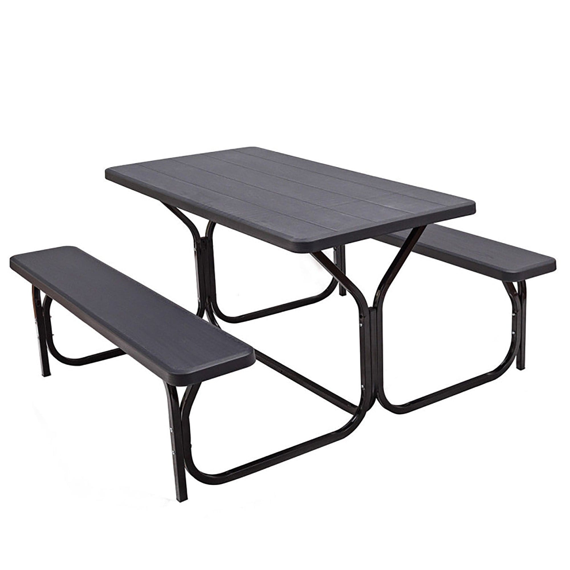 Boyel Living BL-OP3499BK 54 in. W Black Rectangle Stainless Steel Outdoor Picnic Table Bench Set for 6-Person with Metal Base