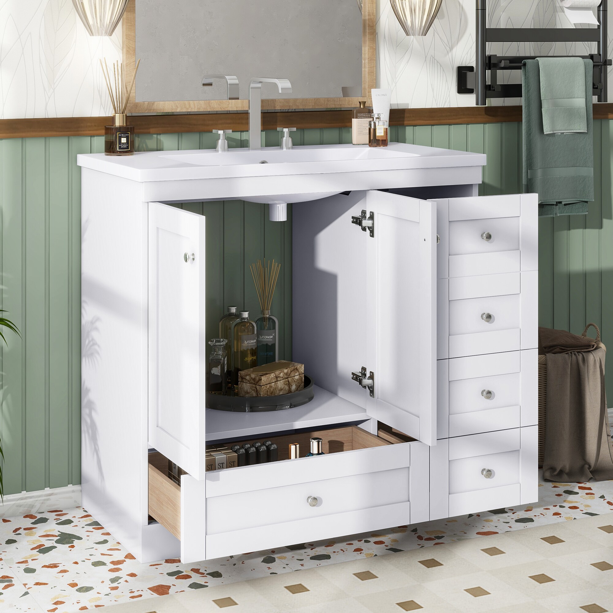 GDFStudio 345510 Ava 36-Inch Shaker Style Free Standing Bathroom Vanity with Sink and 4 Soft-close Drawers-White
