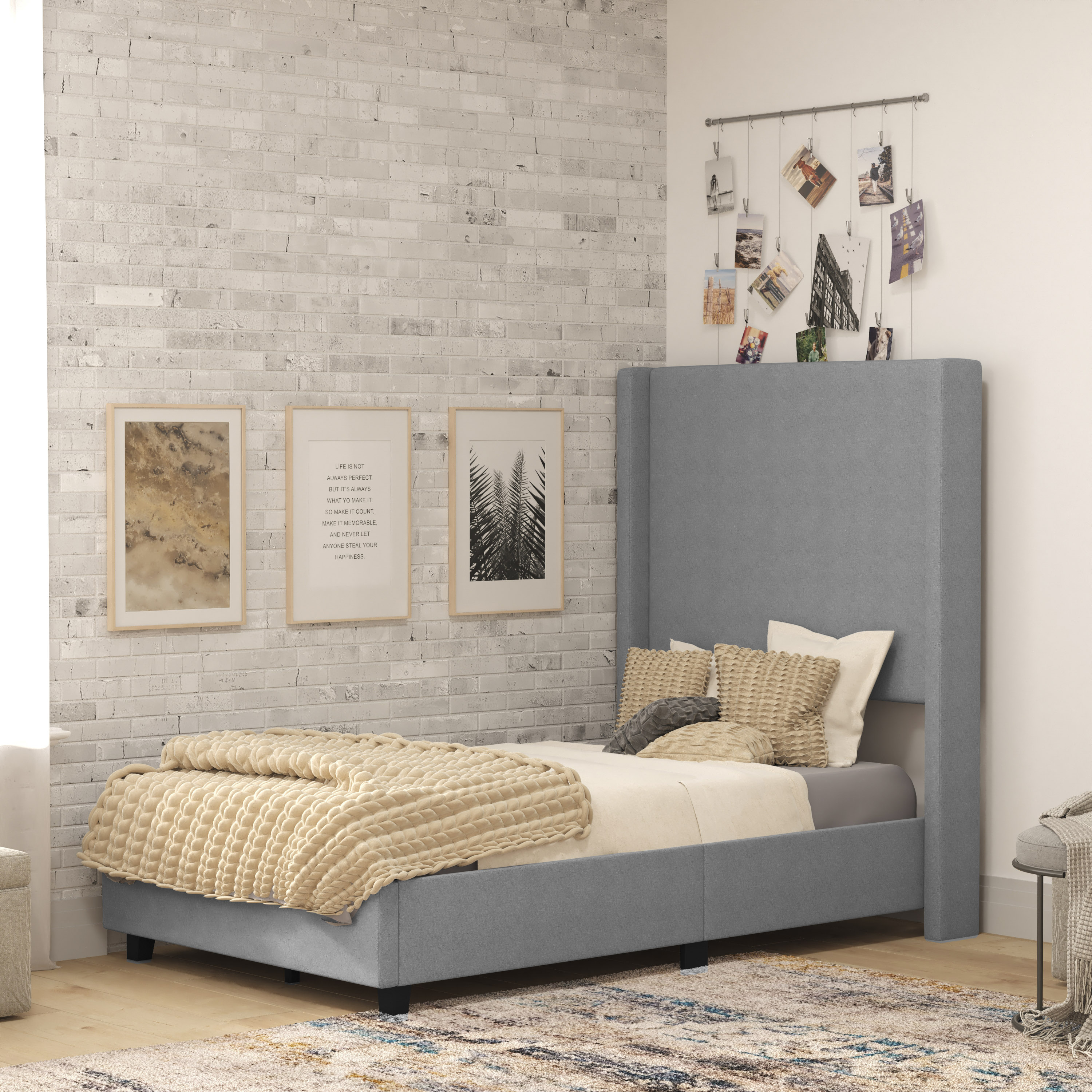 Flash Furniture 840196374987 Quinn Twin Upholstered Platform Bed with Channel Stitched Wingback Headboard; Mattress Foundation with Slatted Supports; No Box Spring Needed; Gray