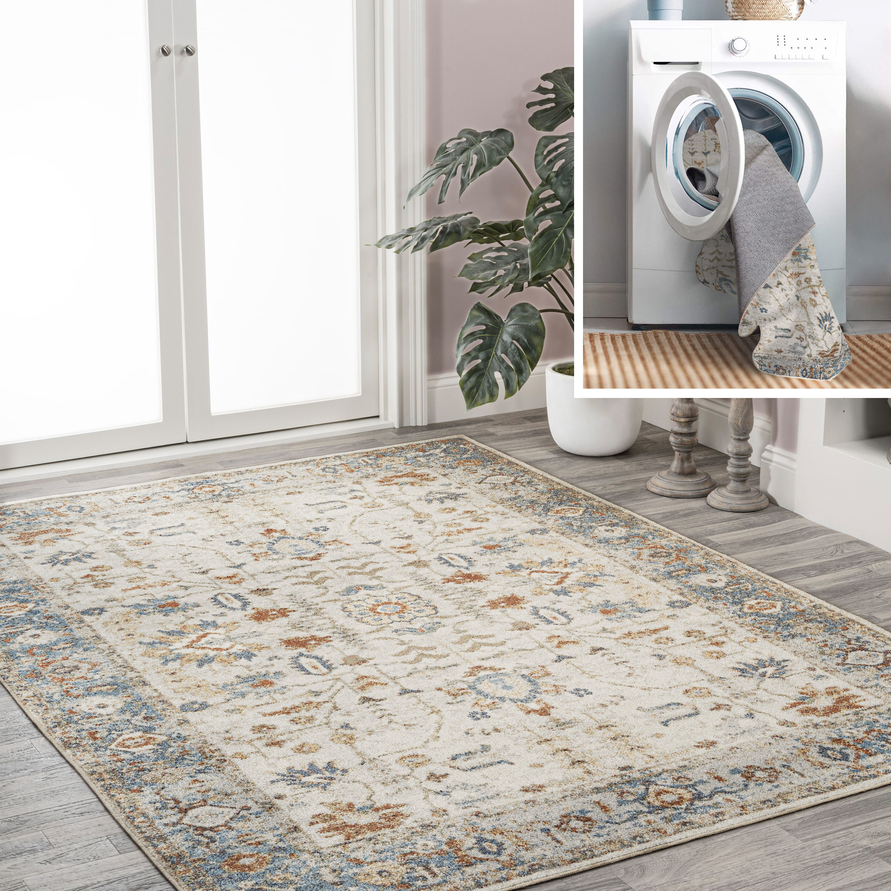 JONATHAN  Y WSH314A-3 WASHABLE Hiero Persian Border Low-Pile 3 x 5 (ft) Loomed Polyester Cream/Terra Rectangular Indoor Border Persian Machine washable Area rug