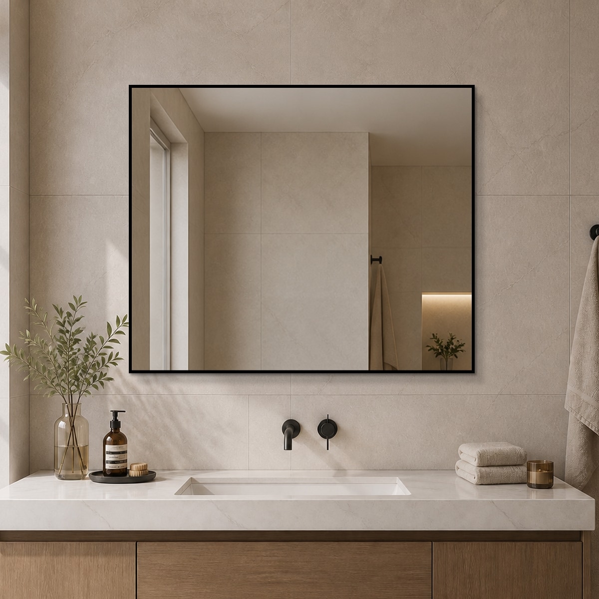 Loheer 36-in W x 30-in H Rectangular Black Aluminum Framed Bathroom Wall Mirror
