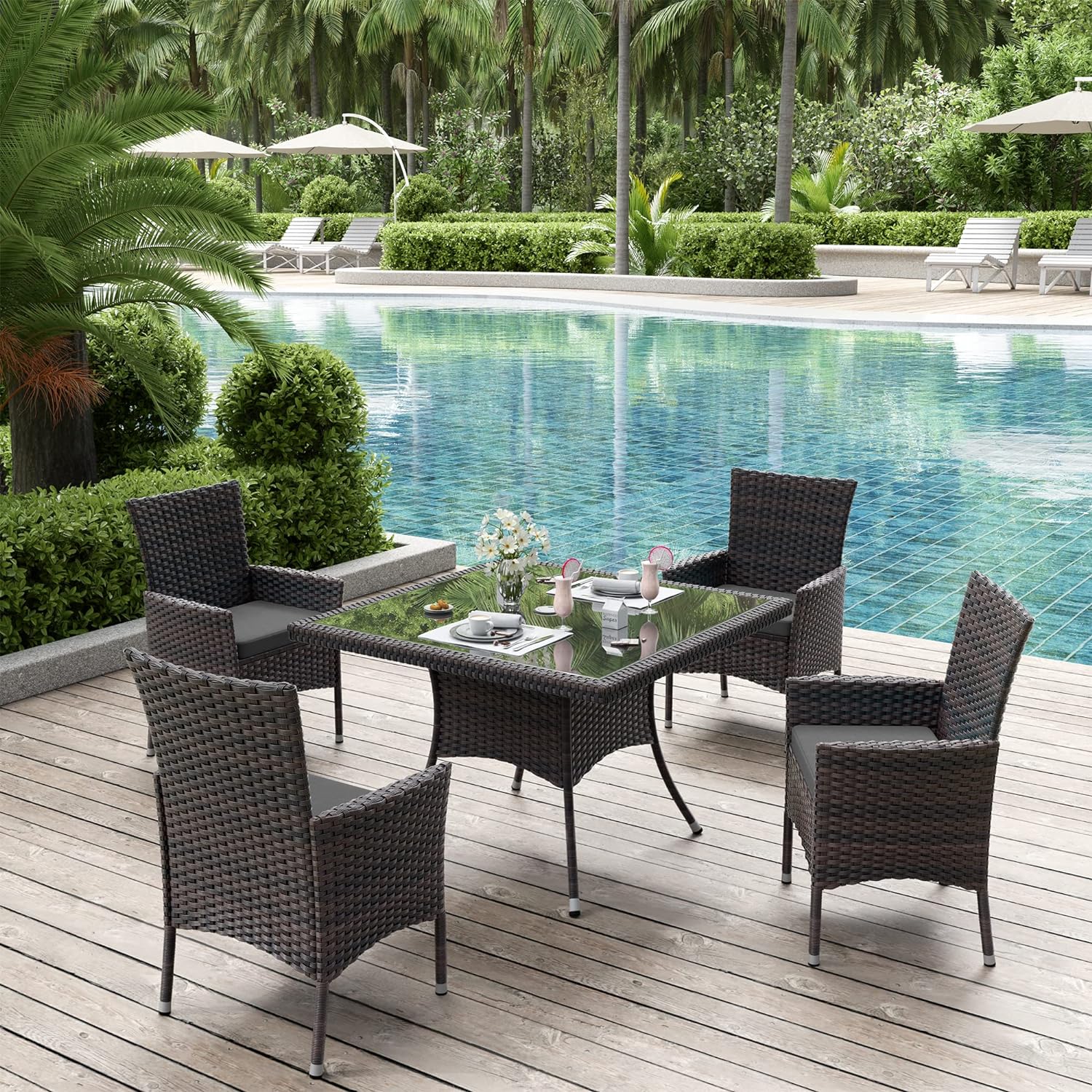 ALAULM LS-DT5-GREY 5 -Piece Brown Rattan Patio Dining Set Extendable Table Rattan Rectangle Table with 4 Gray Cushions Stationary Chairs