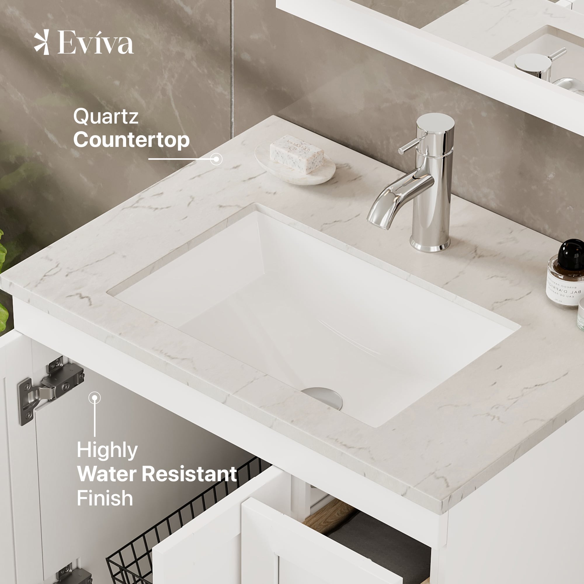 White 24" Bathroom Vanity with Carrara Quartz Top and Sink