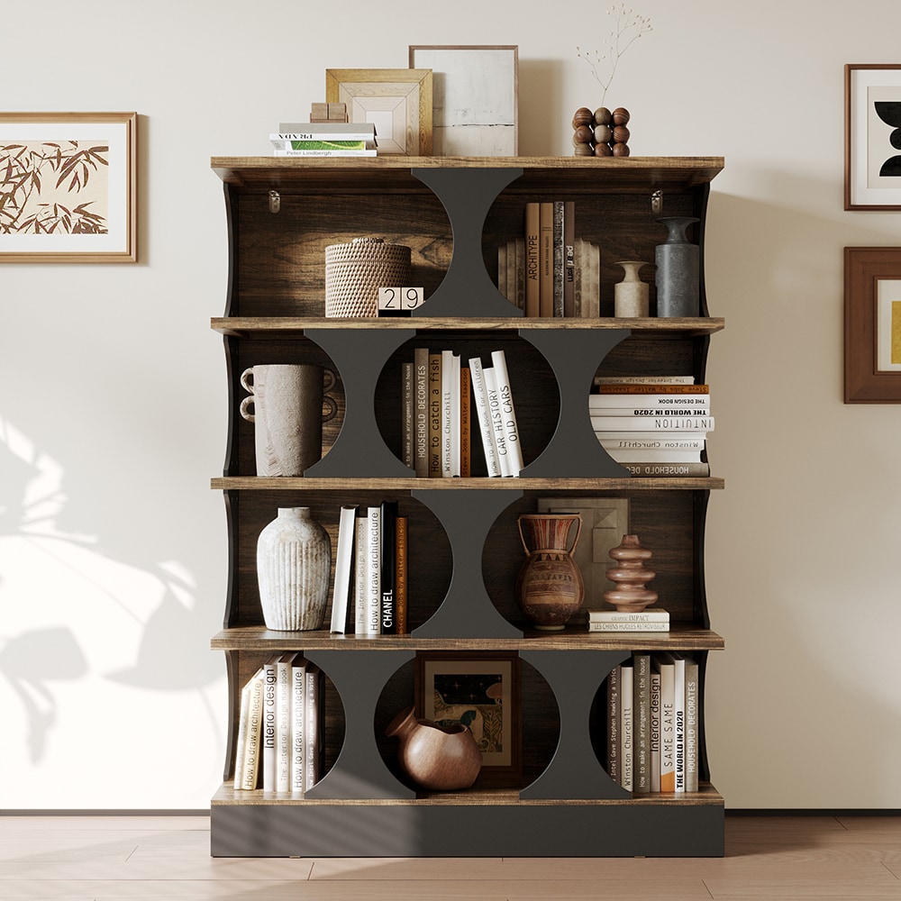 Homsee C-KF520023-01 4-Tier Rustic Walnut Bookcase with Black Panel Accents Open Shelving Storage Bookshelf for Living Room or Home Office
