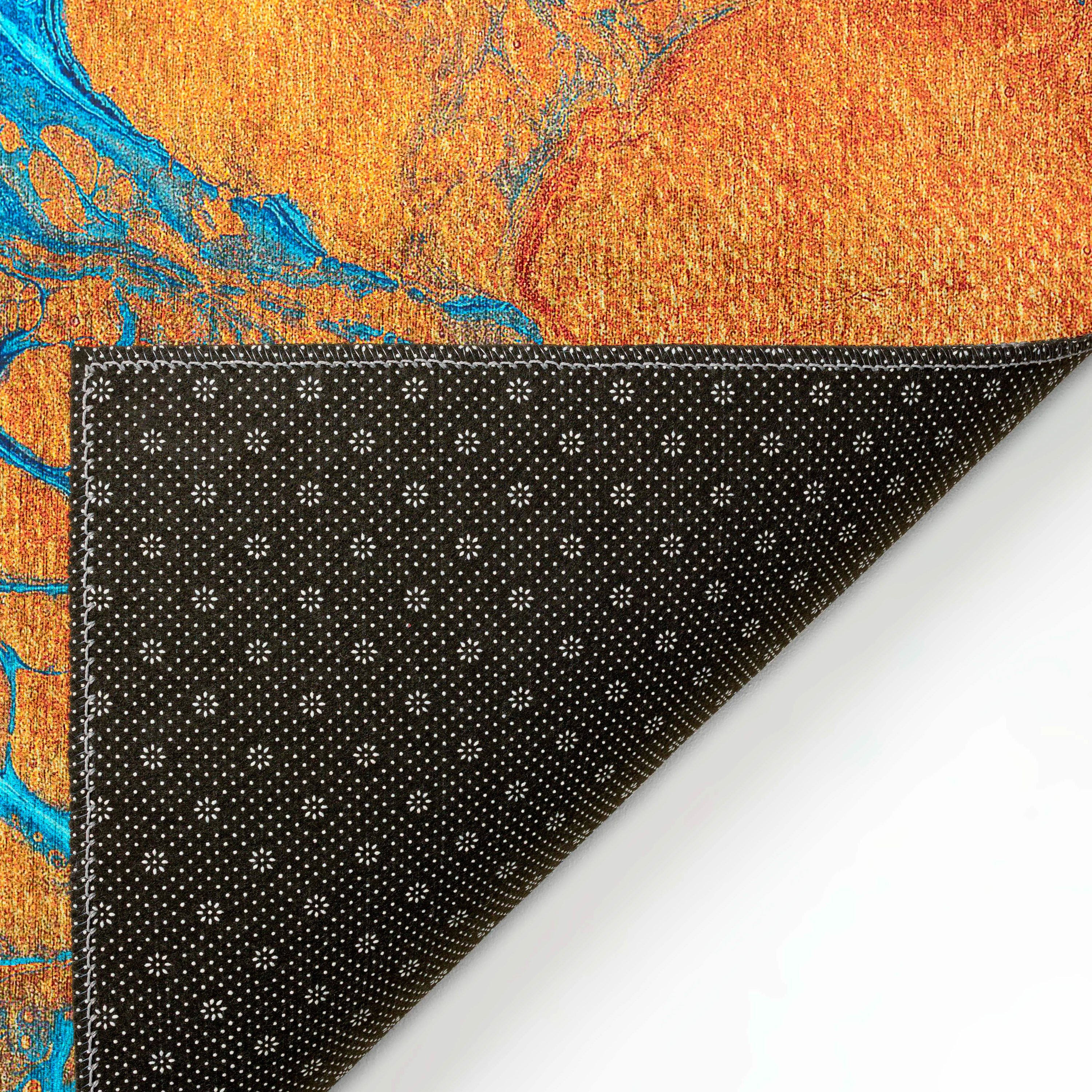 Karina Blue and Orange Abstract 8' Round Chenille Area Rug