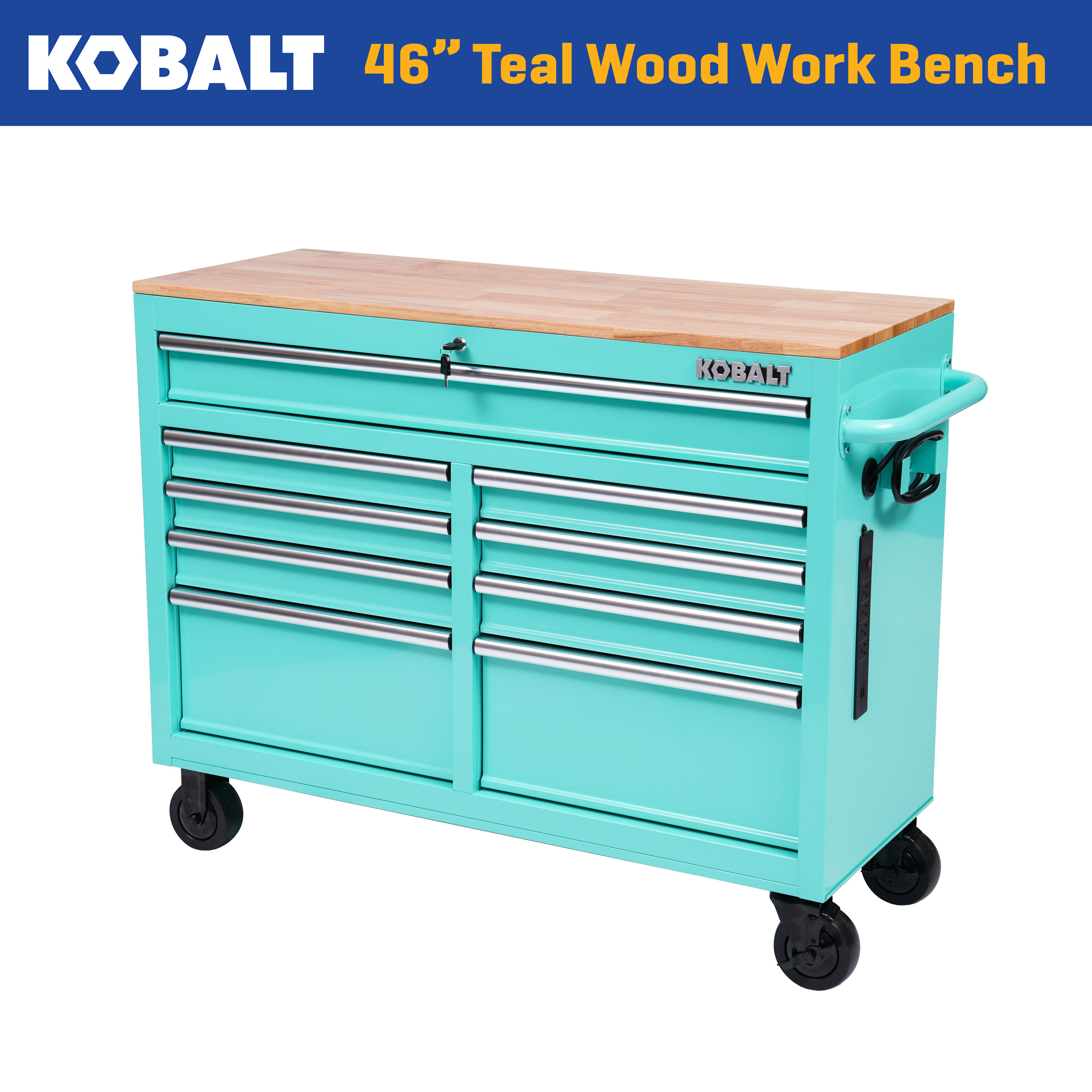 Kobalt 46.1-in W x 37.2-in H 9 -Drawers Rolling Teal Wood Work Bench #19319