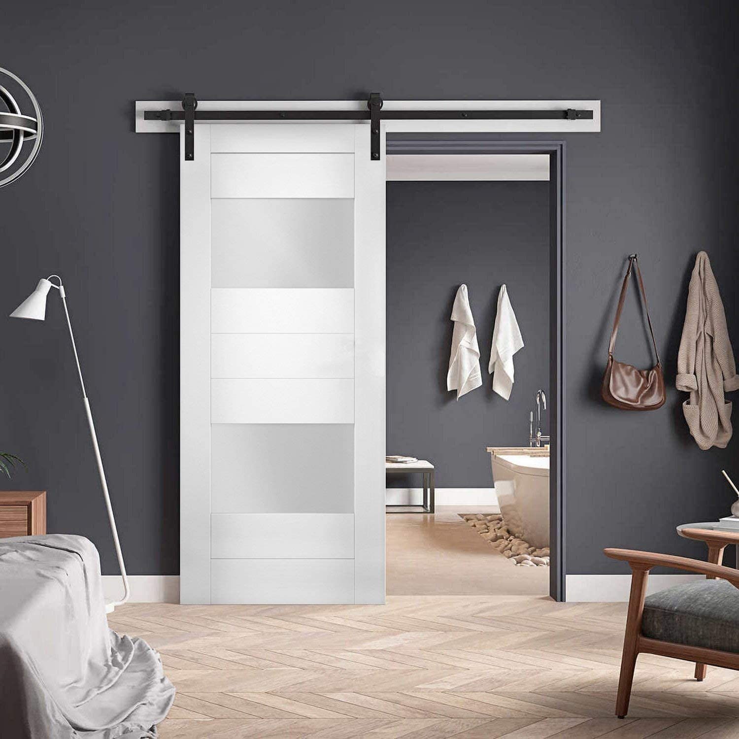 White Solid MDF Barn Door with Opaque Glass Panels