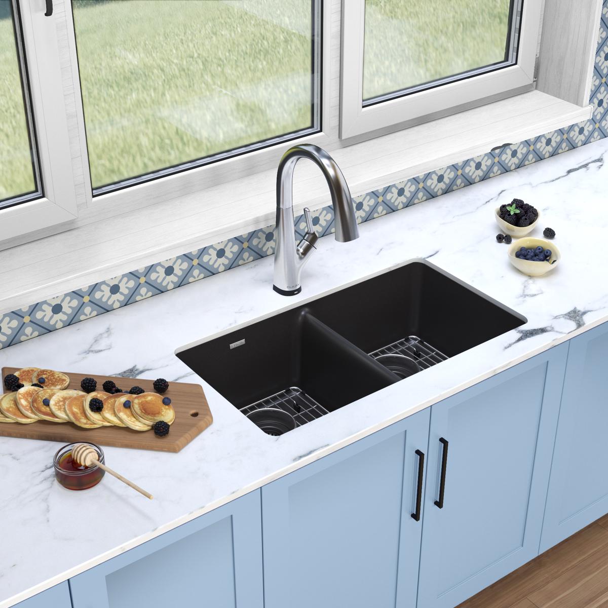 Elkay ELGU3322BK0 Undermount 33-Inches x 18.5-Inches Quartz Double equal bowl Kitchen Sink