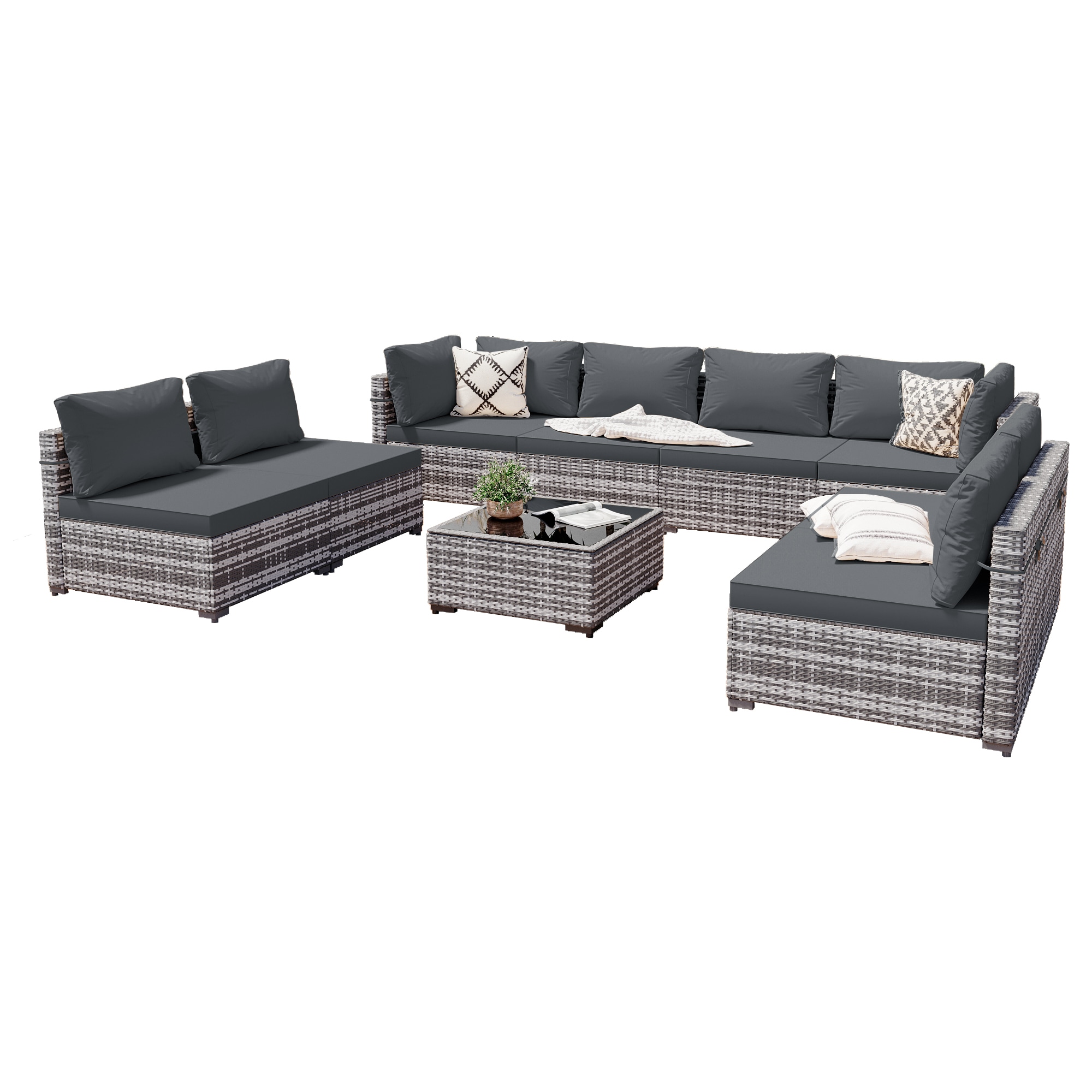 Patio Watcher RT-OD9-G4-4 9 -Piece Rattan Patio Sofa Conversation Set with Gray Cushions