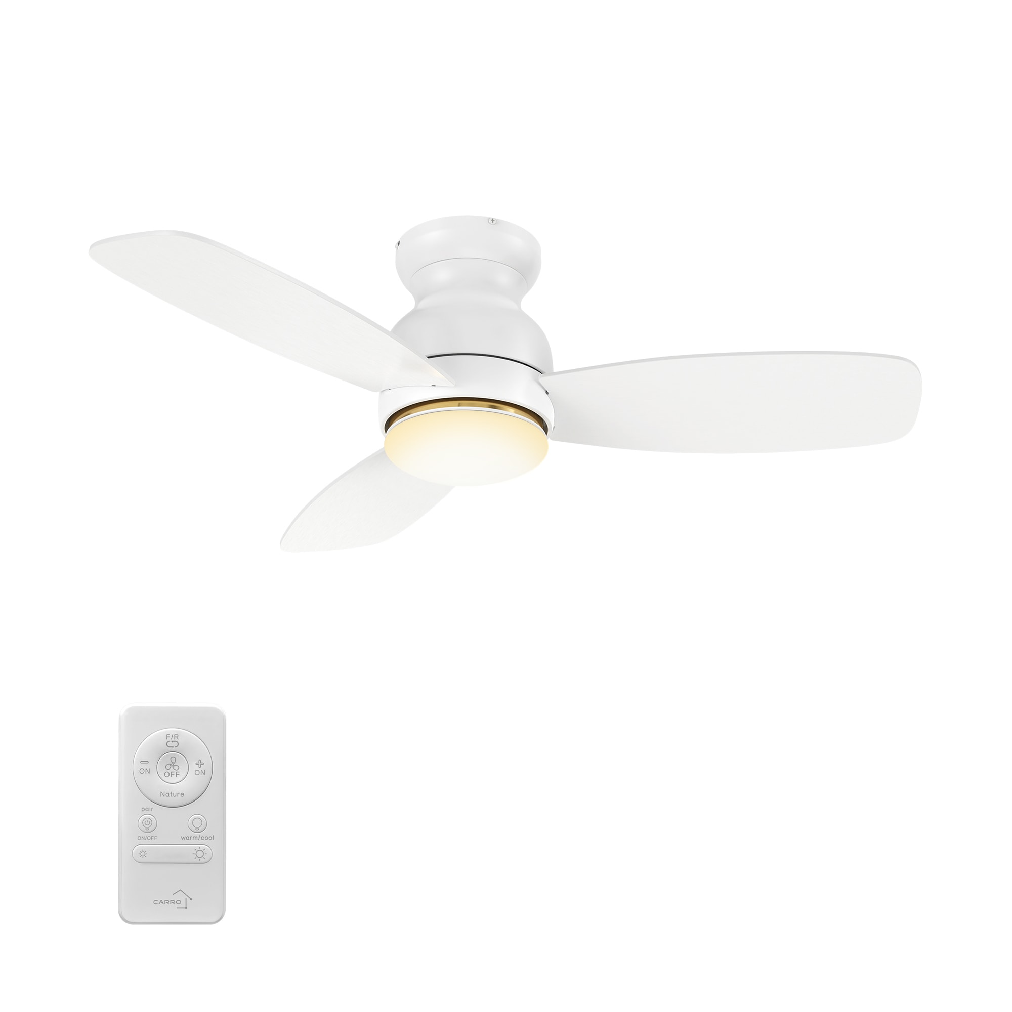 CARRO USA LYDC443Q-L11-W1-1-FM Arran 44-in Integrated LED Flush Mount White with White Blades Ceiling Fan With Light - Remote Included ( 3 -Blade )