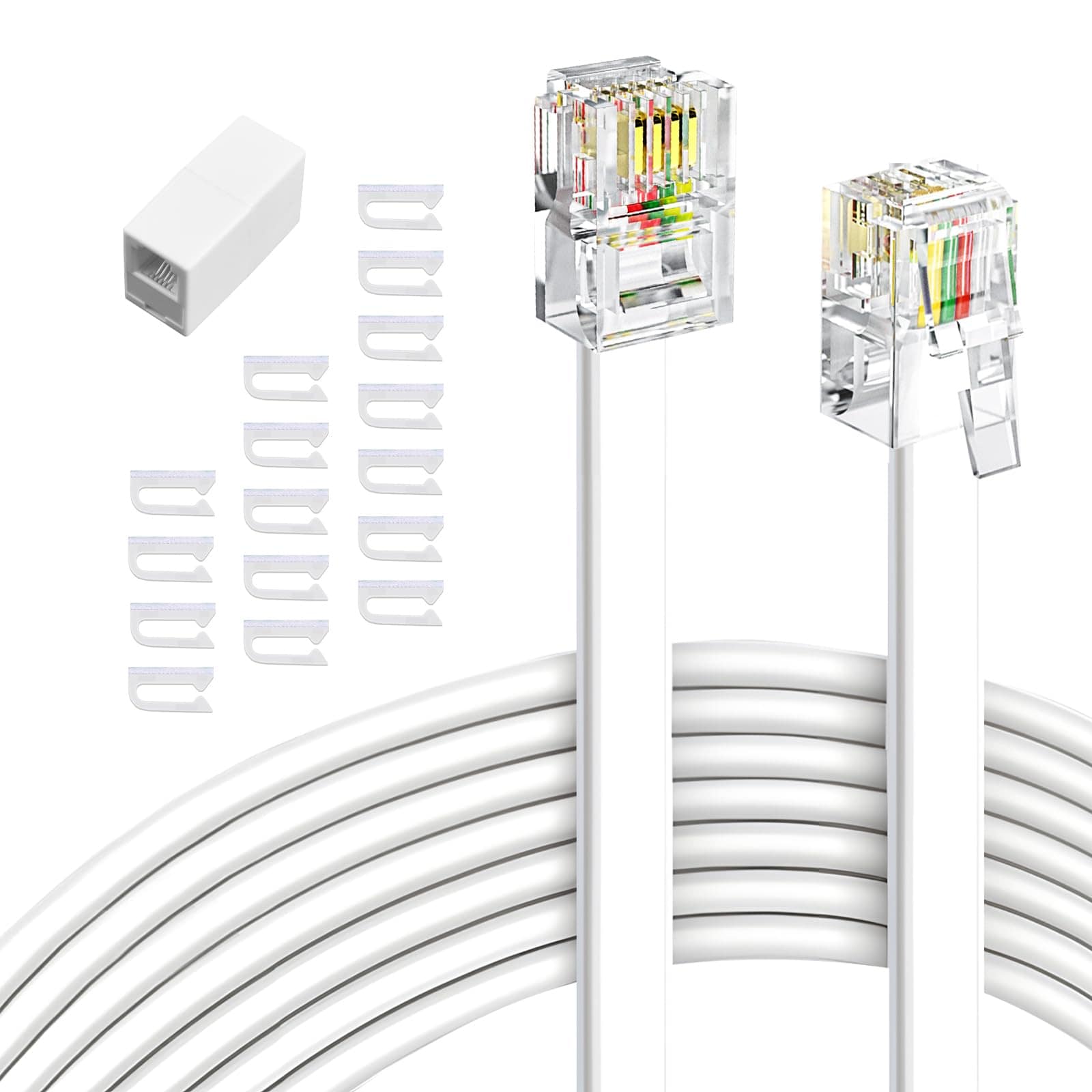 Afoxsos Phone Extension Cord 15 Ft 2 Pieces Telephone Cable with Standard RJ11 Plug and 2 Inline Couplers and 40 Cable Clip Holders White #LAF0823FA1182