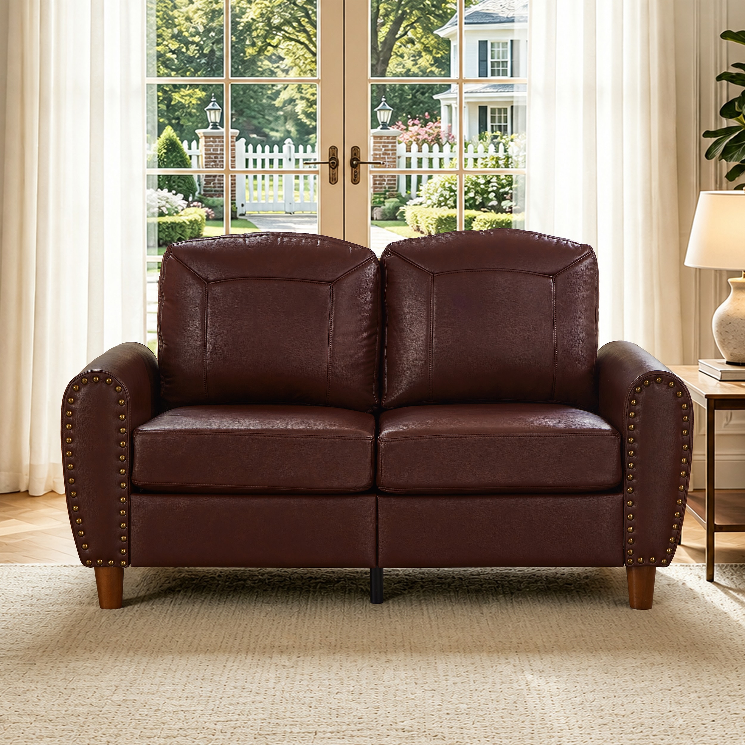 KTMBDW 59 Inch Loveseat Sofa Couch Retro-Style Faux Leather Sofa with Solid Wood Legs for Living Room Apartment (Burgundy)