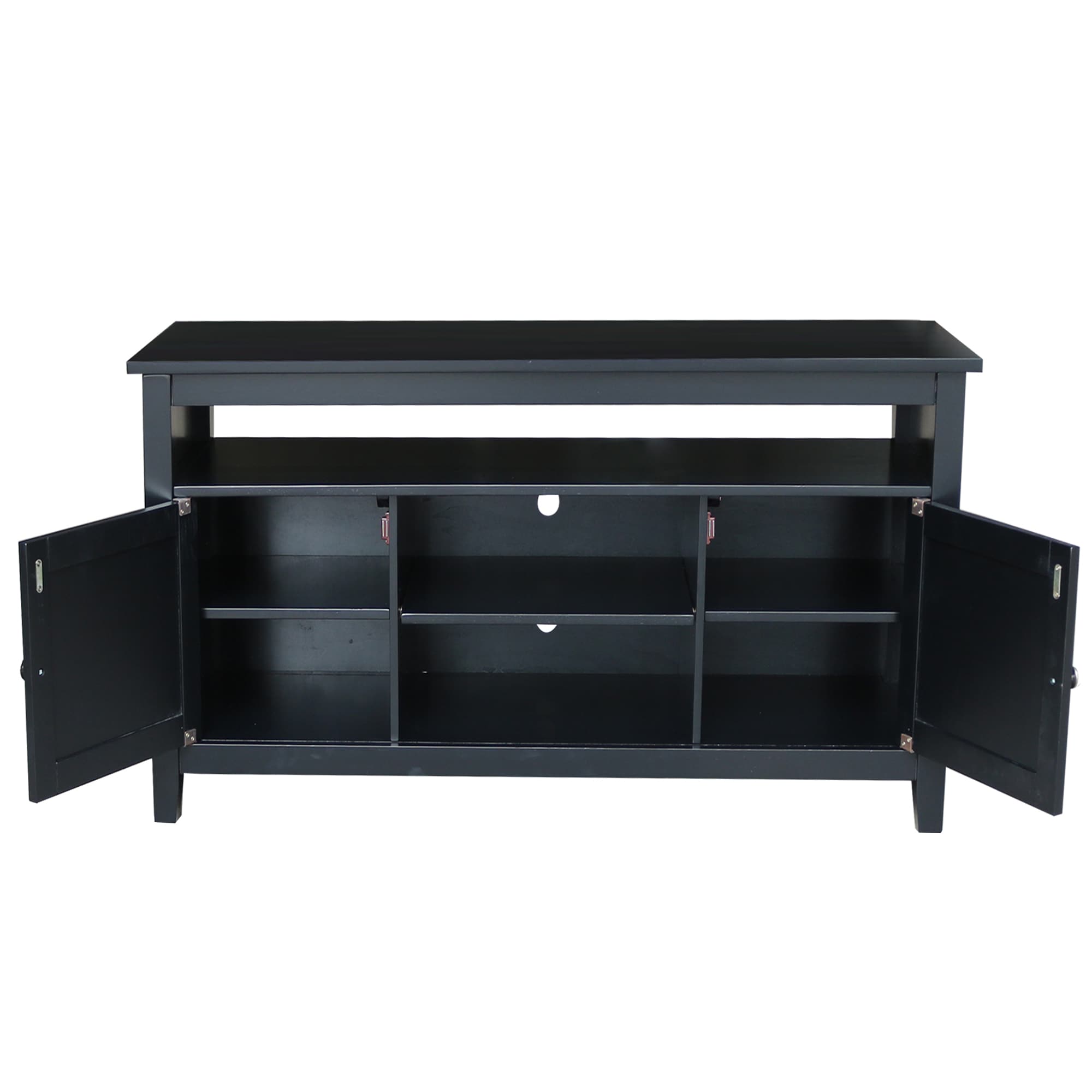 Black Solid Wood TV Stand with Cabinets and Shelves