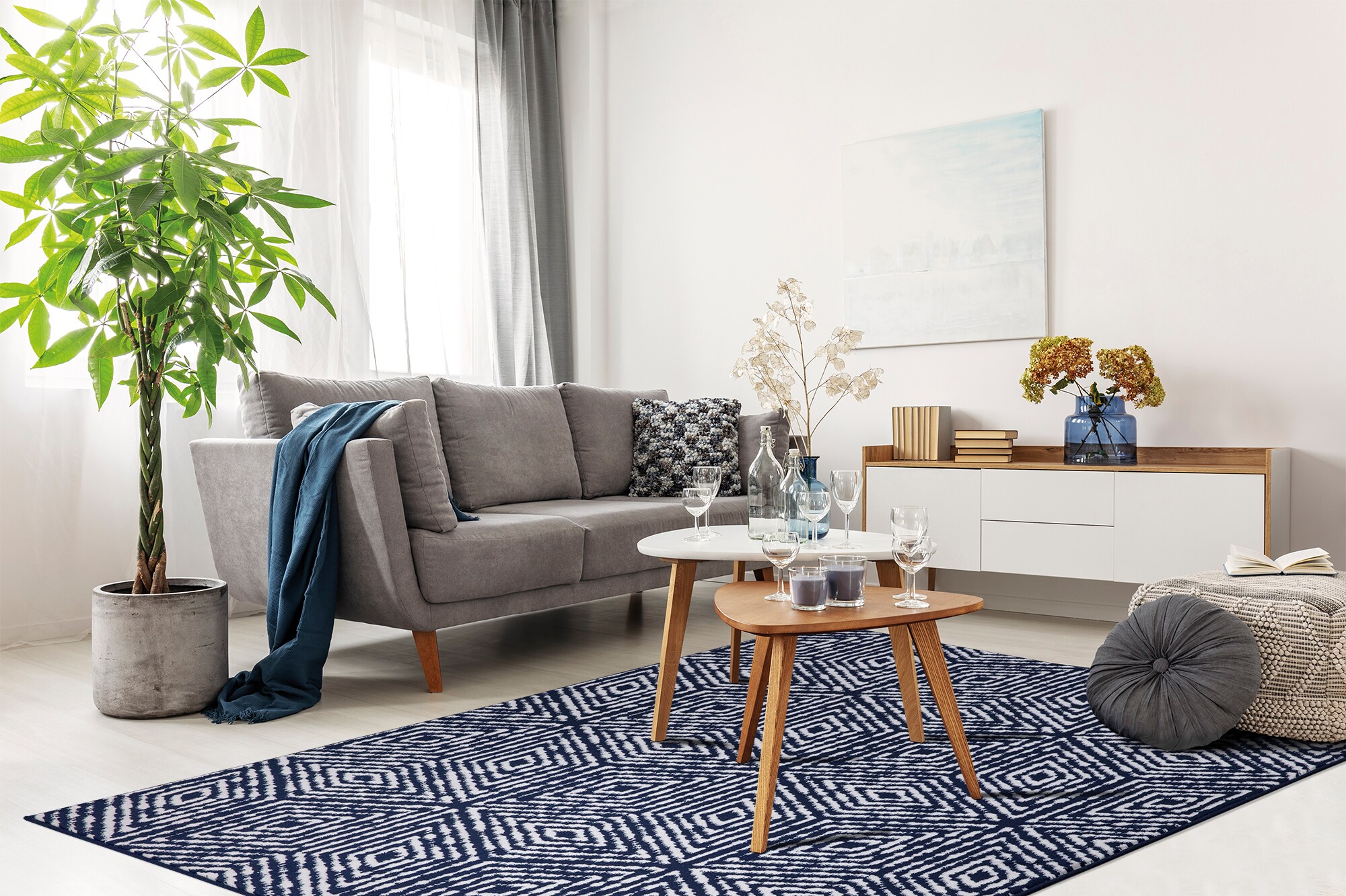 Ottomanson LVN5112-7X10 Living 7 x 10 (ft) Loomed Polypropylene Navy/Ivory Rectangular Indoor Geometric Area rug