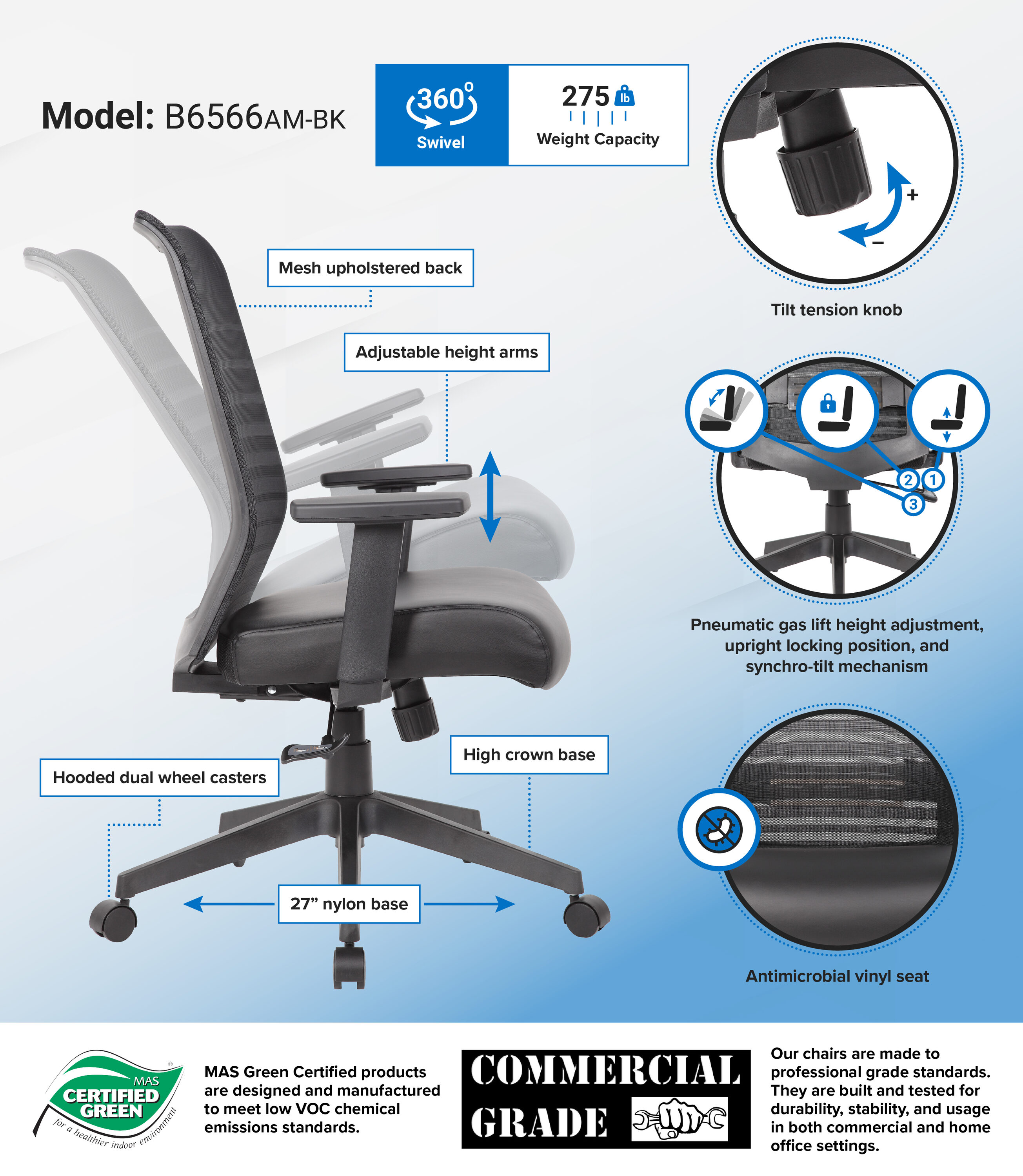 Black Ergonomic Mesh Back Vinyl Task Chair with Adjustable Arms