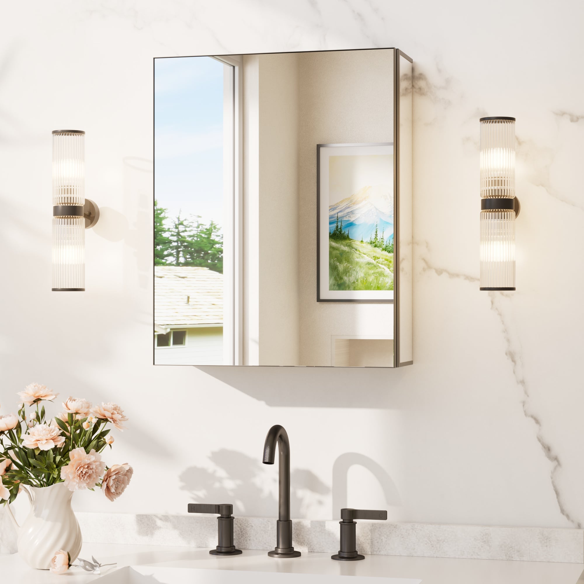 Keonjinn 16-in x 20-in Surface/Recessed Mount Black Mirrored Rectangle Soft Close Medicine Cabinet