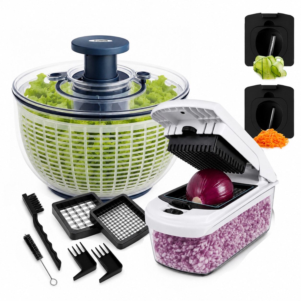 Luminuxe Salad Spinner with Vegetable Chopper Set 5.3 Qt Salad Spinner 4-in-1 Multipurpose Vegetable Chopper and Spiralizer Salad Spinner Chopper Set